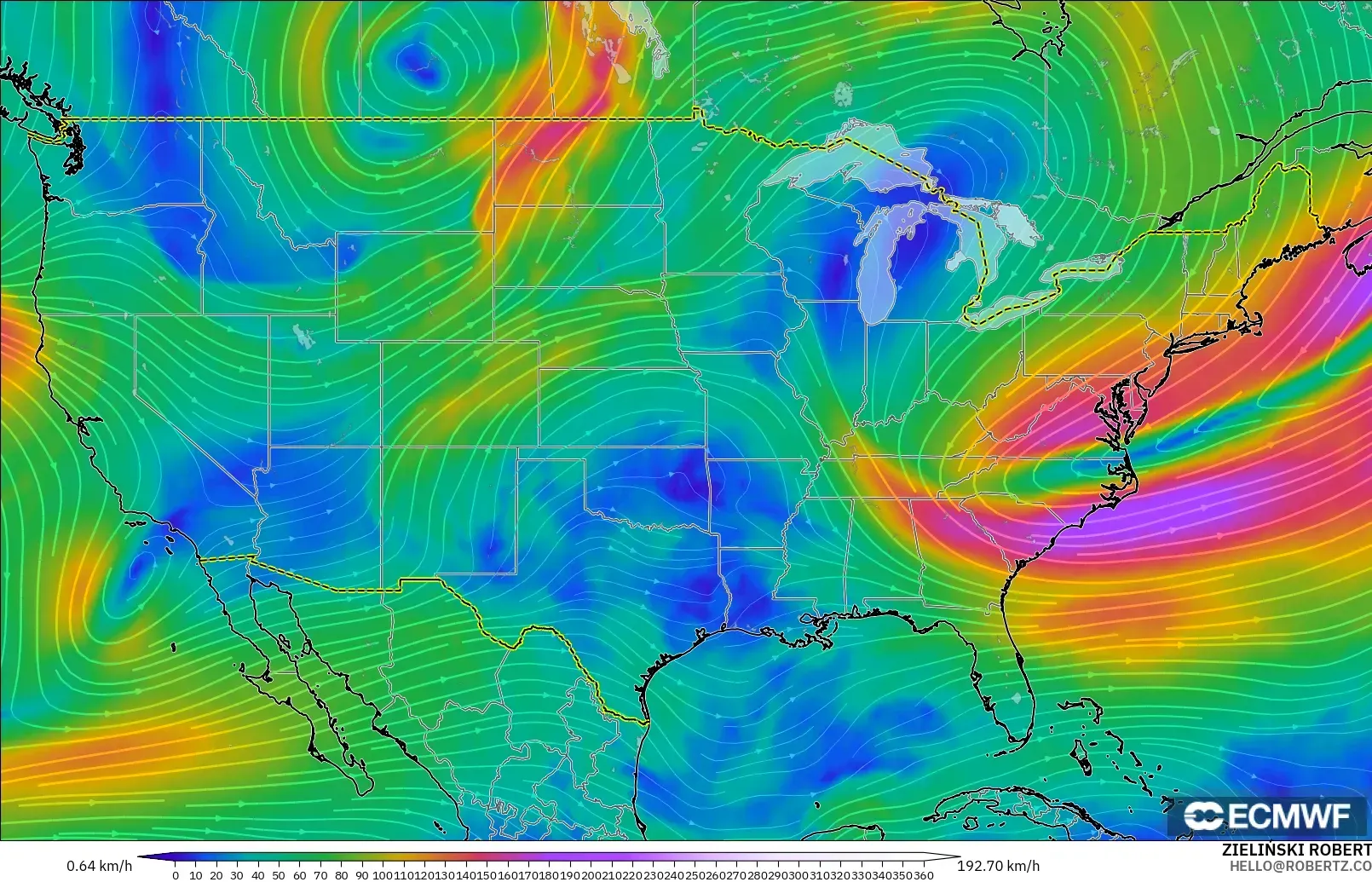 ECMWF IFS 0.25° modelo - Estados Unidos, Viento a 300 hPa (corriente en chorro)