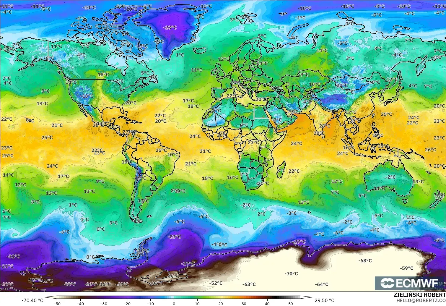 ECMWF IFS 0.25° modelo - Mundo, Punto de rocío a 2 m