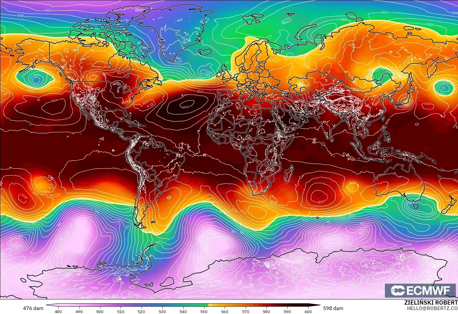 ECMWF IFS 0.25° modelo - Mundo, Altura geopotencial a 500 hPa