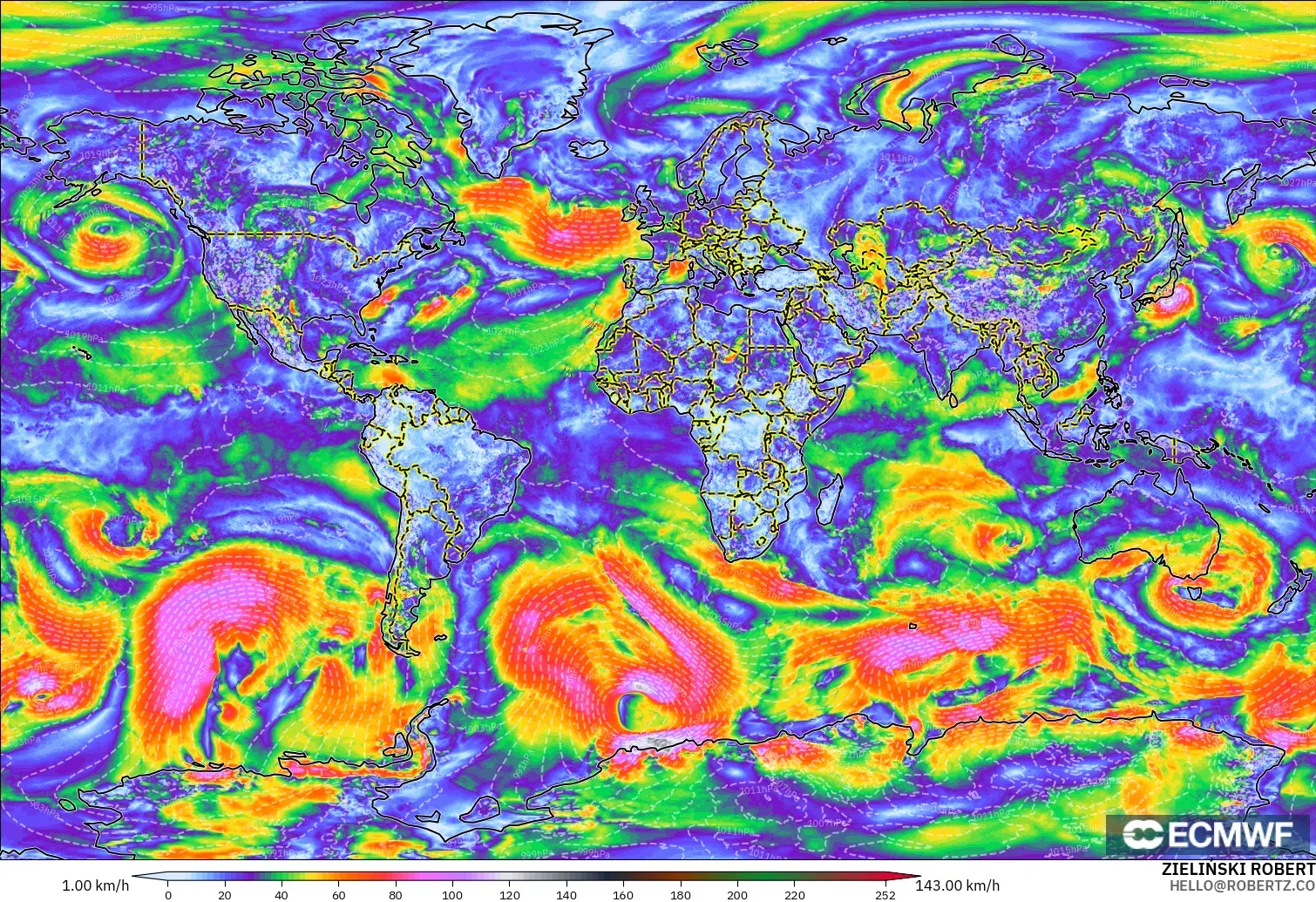 ECMWF IFS 0.25° modelo - Mundo, Ráfagas de viento