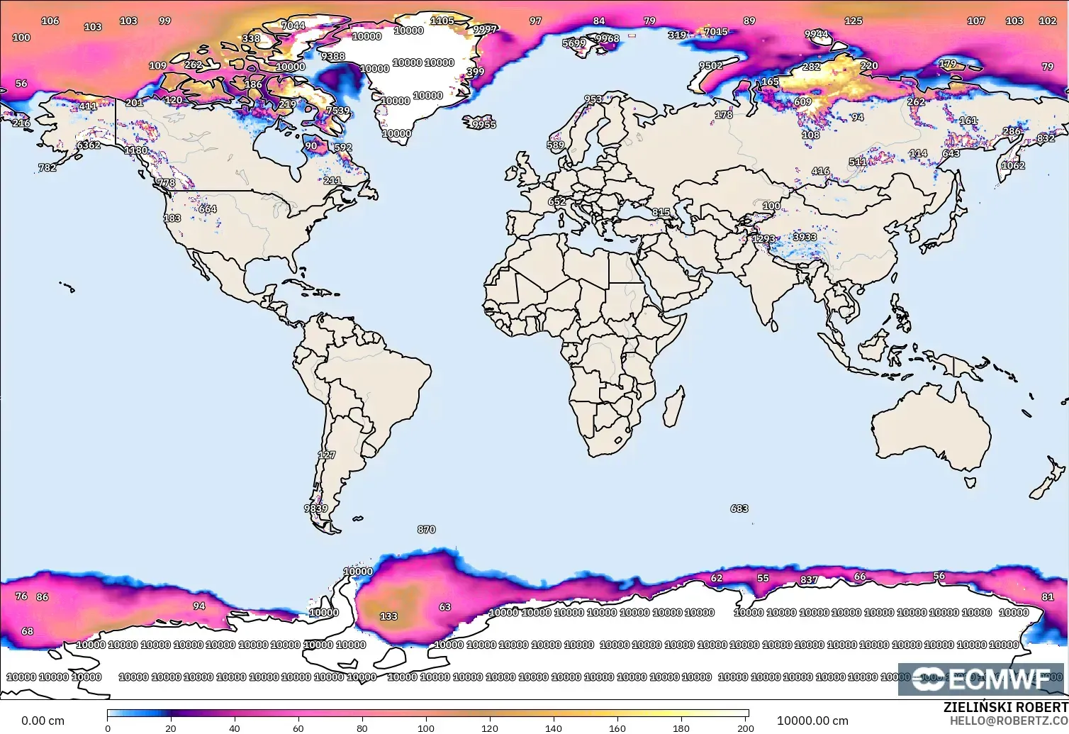 ECMWF IFS 0.25° modelo - Mundo, Profundidad de nieve