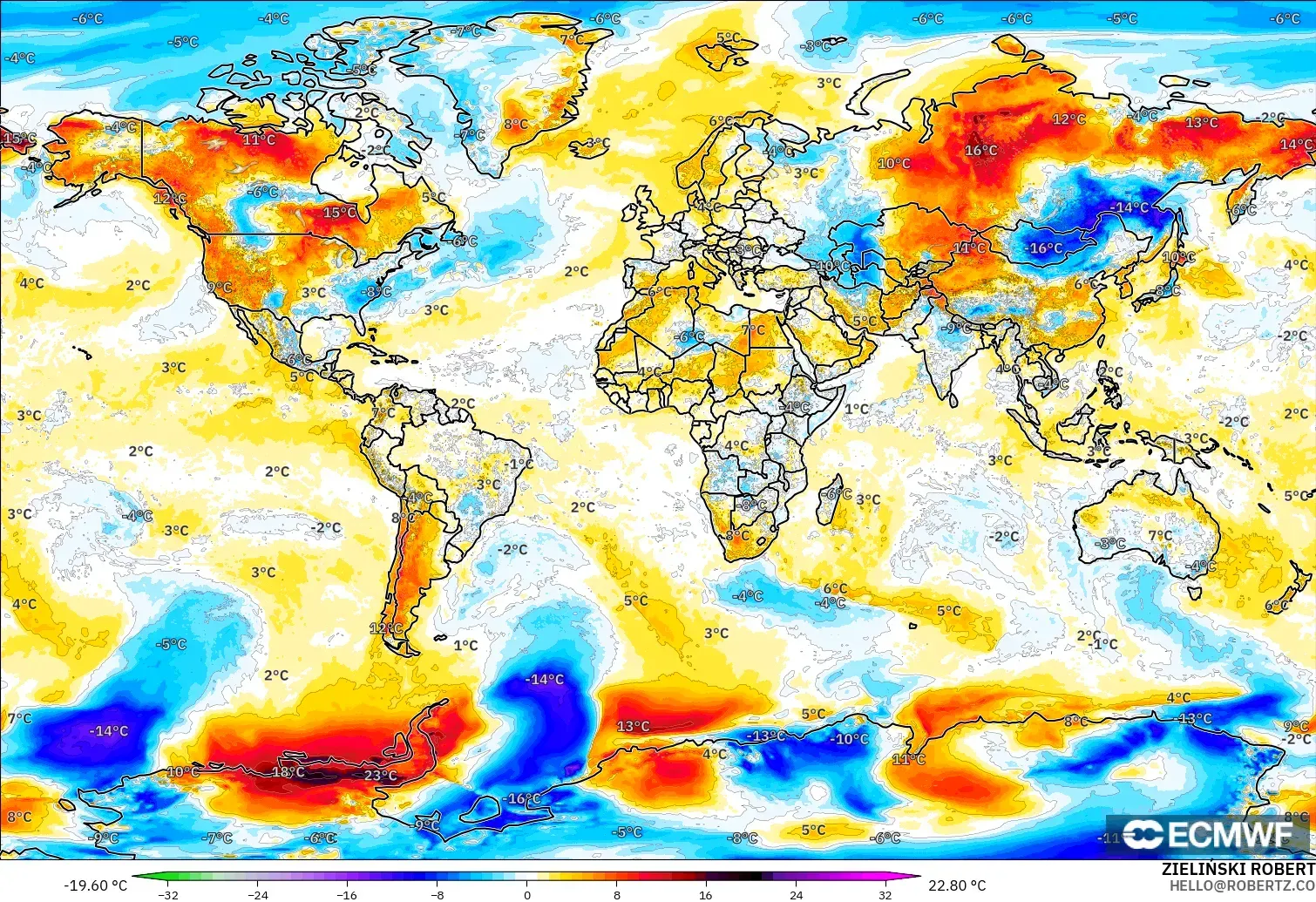 ECMWF IFS 0.25° modelo - Mundo, Anomalía de temperatura a 2 m