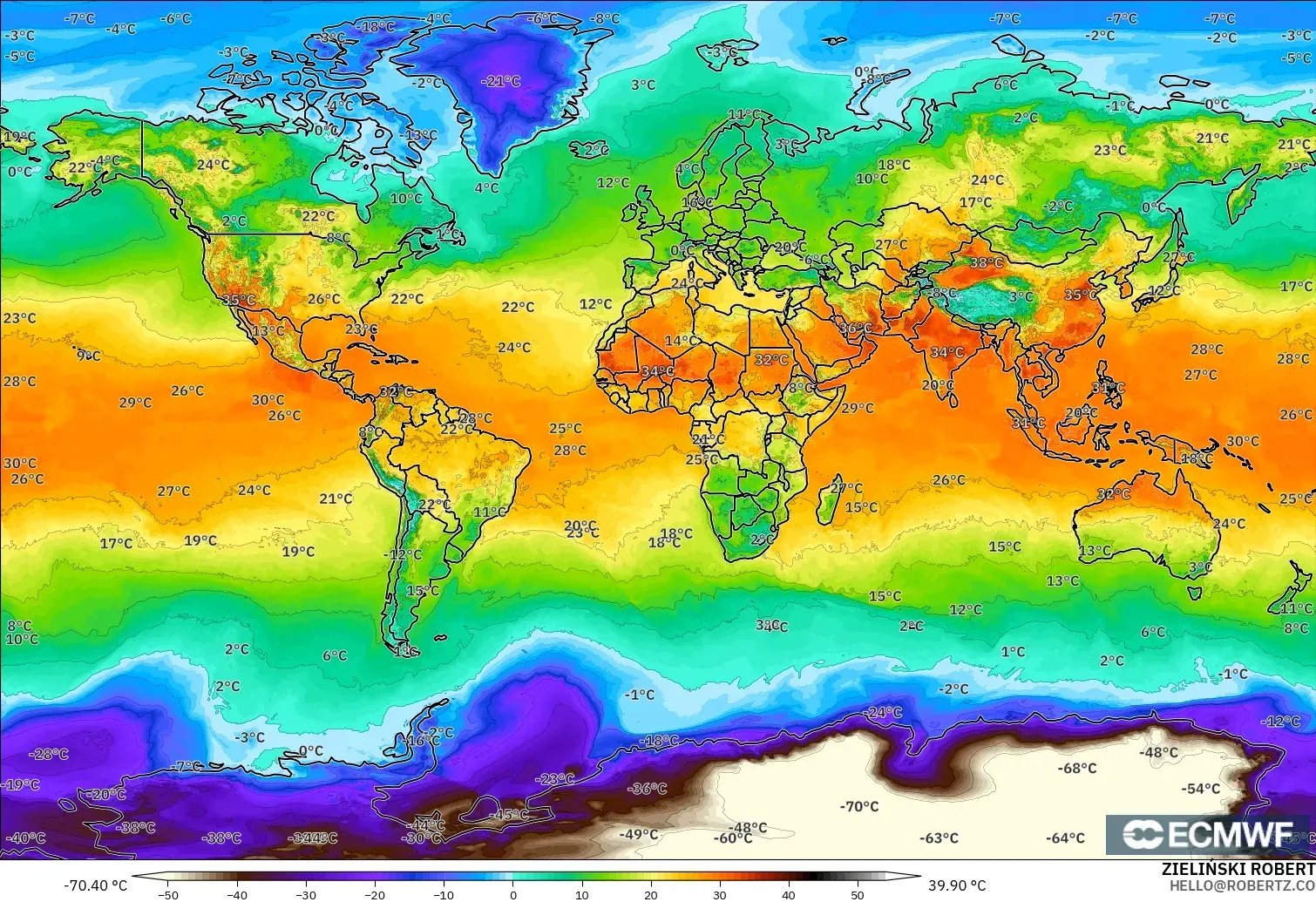 ECMWF IFS 0.25° modelo - Mundo, Temperatura a 2 m