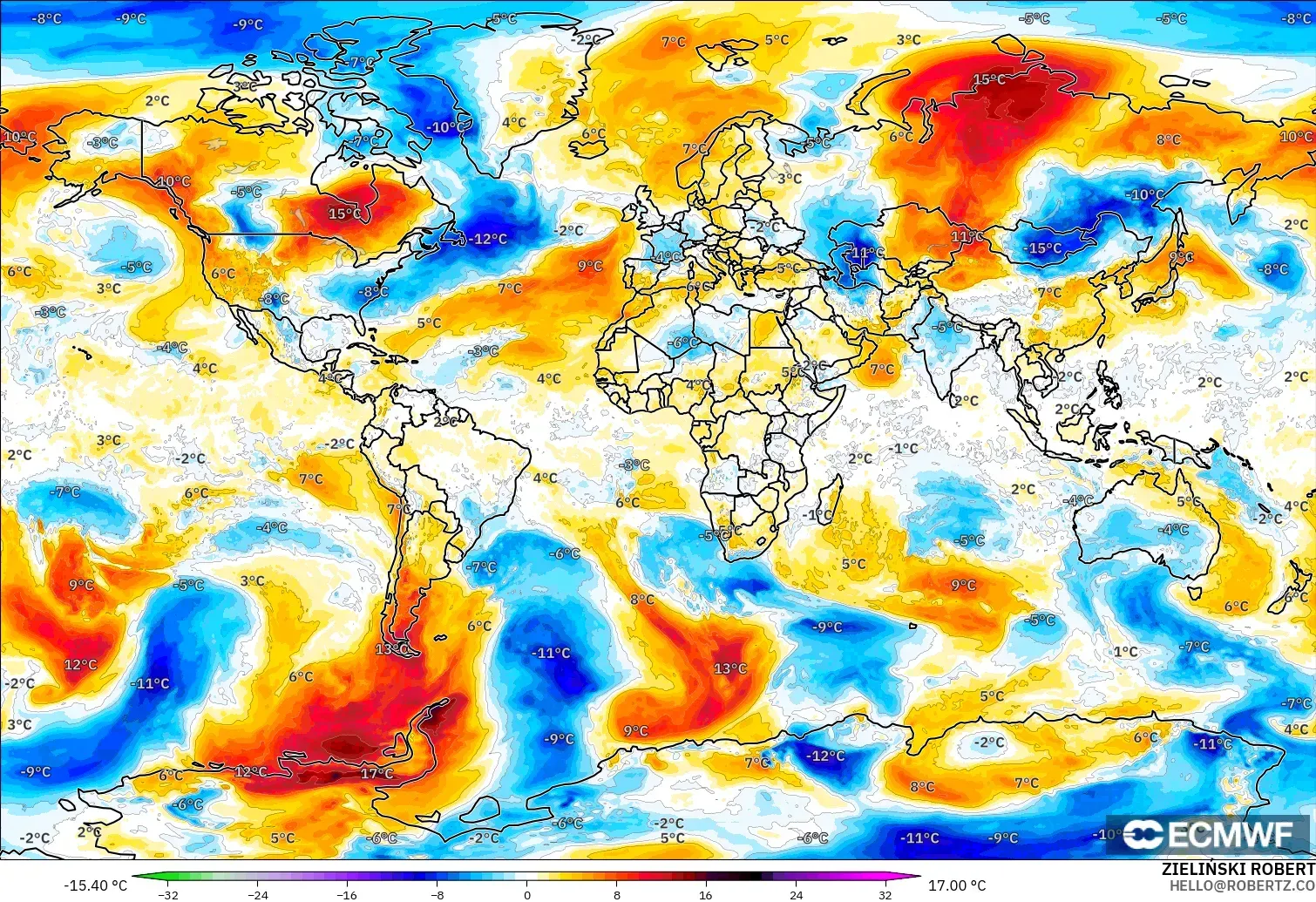 ECMWF IFS 0.25° modelo - Mundo, Anomalía de temperatura a 850 hPa