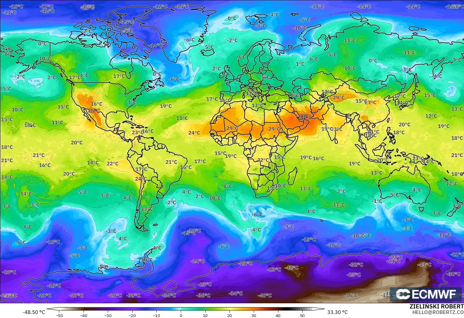 ECMWF IFS 0.25° modelo - Mundo, Temperatura a 850 hPa