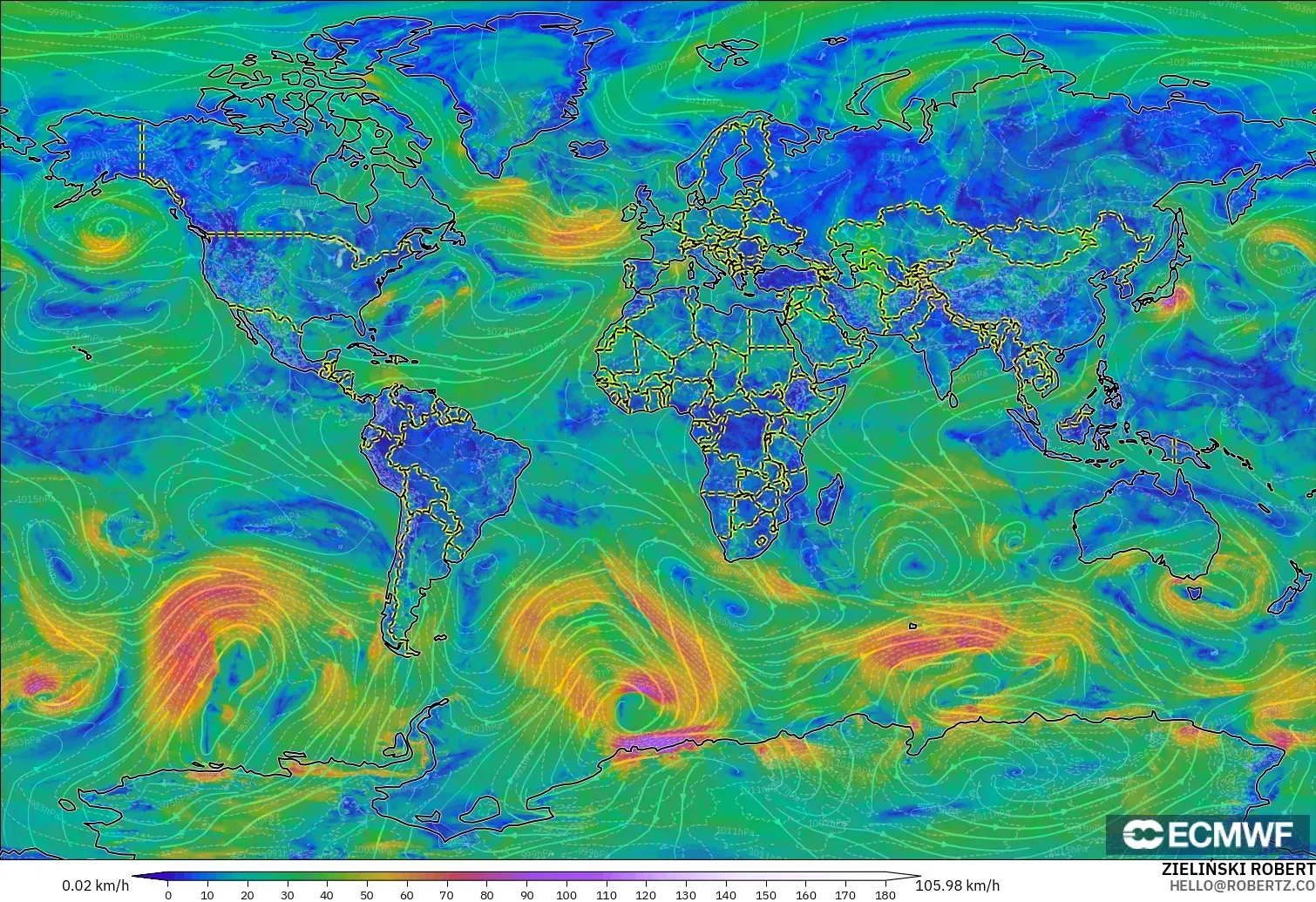 ECMWF IFS 0.25° modelo - Mundo, Viento a 10 m