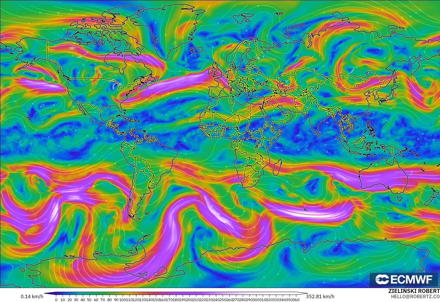 ECMWF IFS 0.25° modelo - Mundo, Viento a 300 hPa (corriente en chorro)