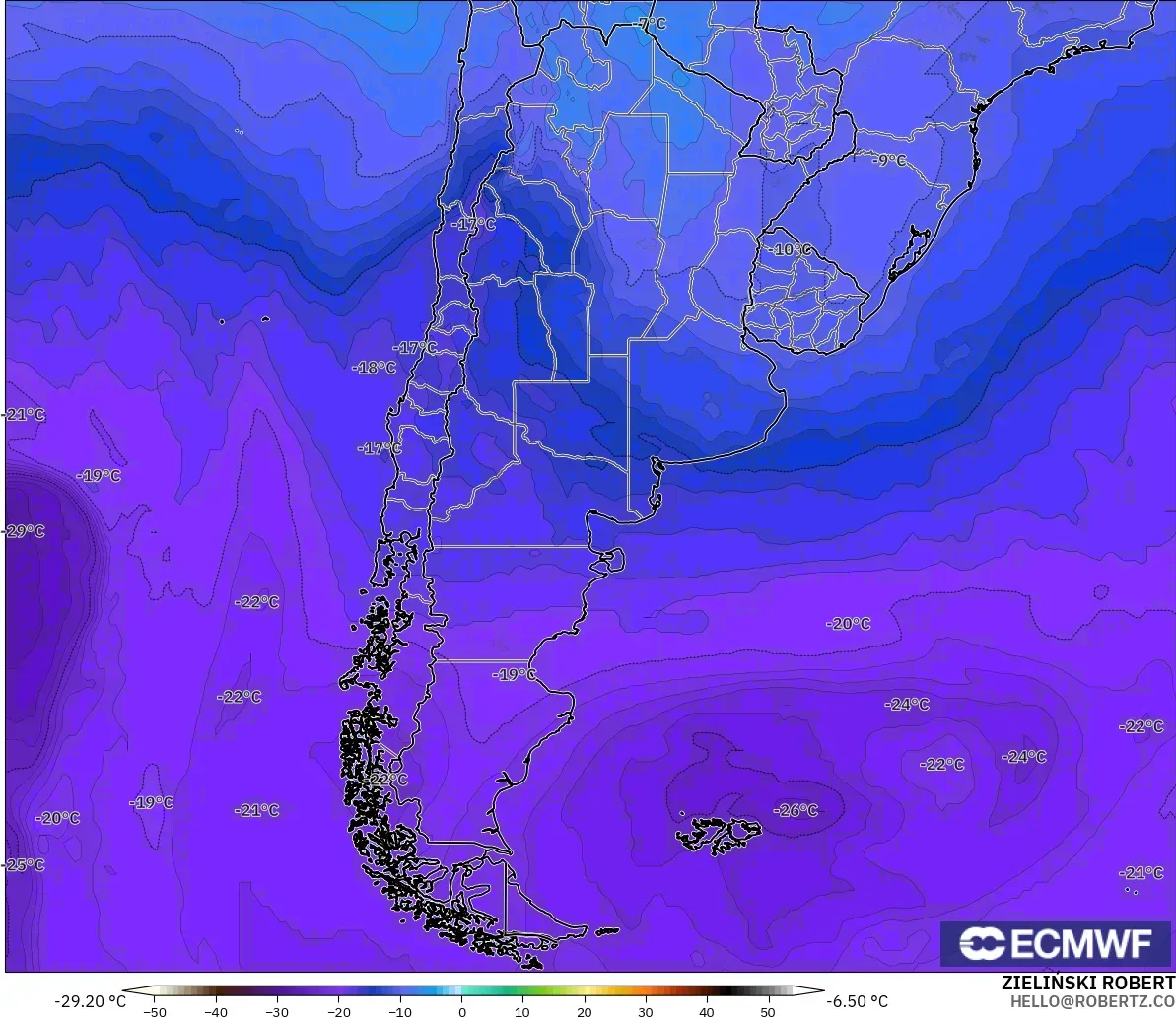 ECMWF IFS 0.25° modelo - Argentina, Temperatura a 500 hPa