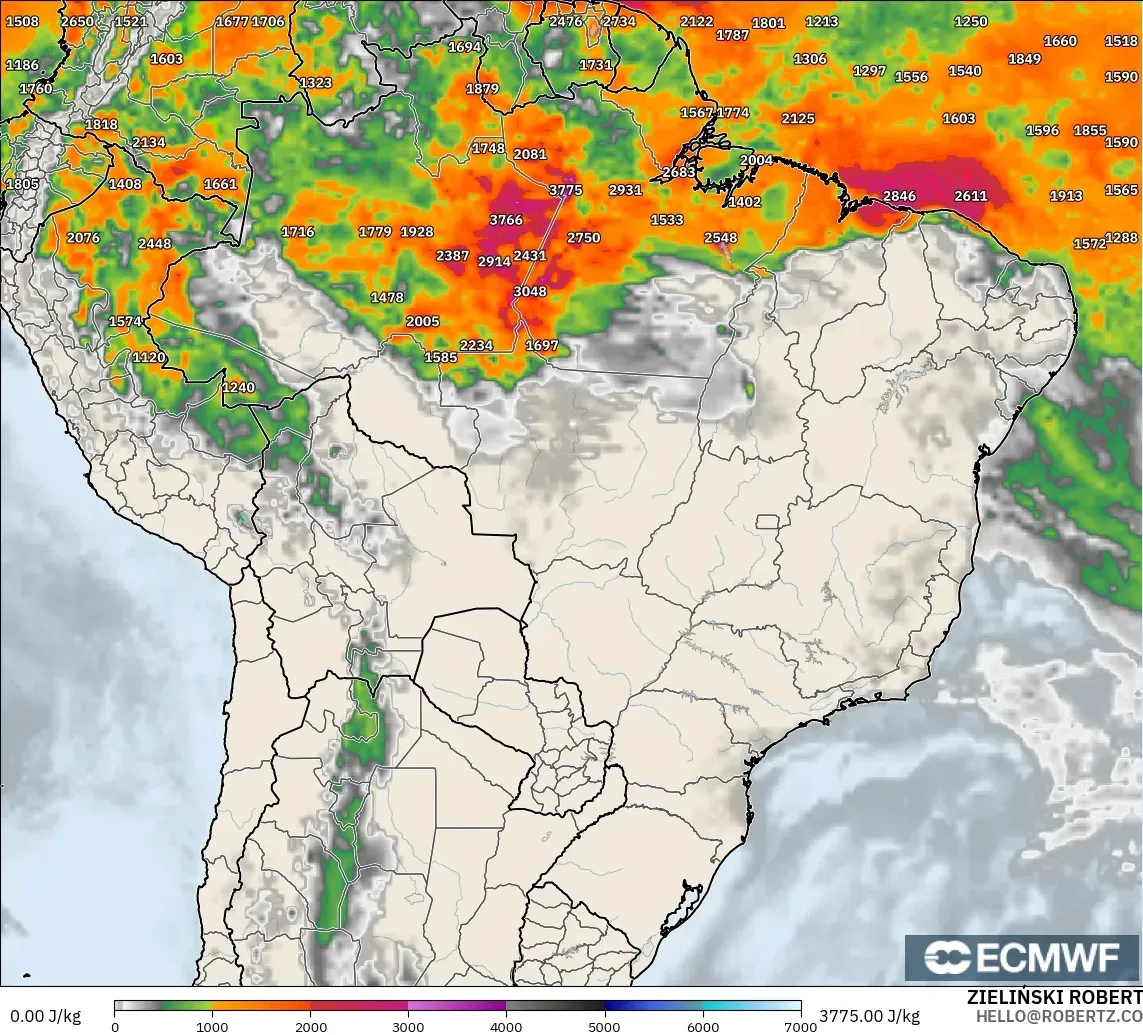 ECMWF IFS 0.25° modelo - Brasil, CAPE
