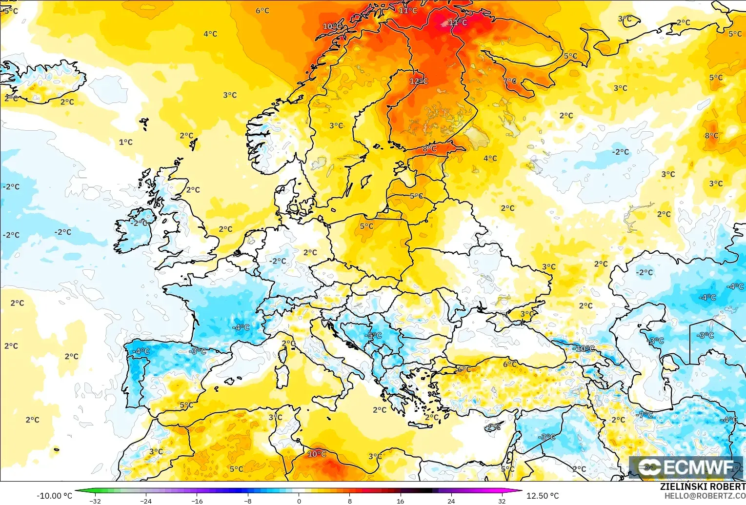ECMWF IFS 0.25° modelo - Europa, Anomalía de temperatura a 2 m