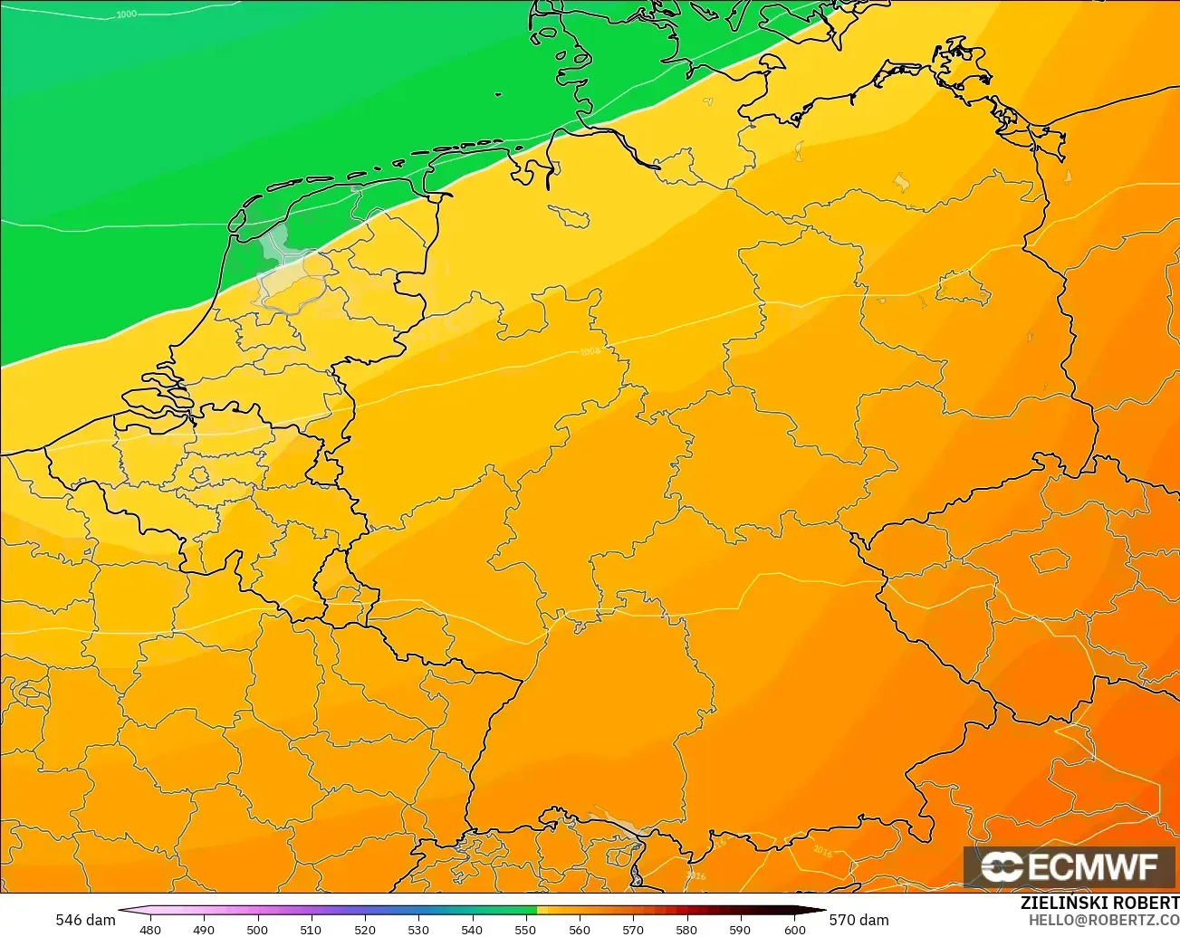 ECMWF IFS 0.25° modelo - Alemania, Altura geopotencial a 500 hPa