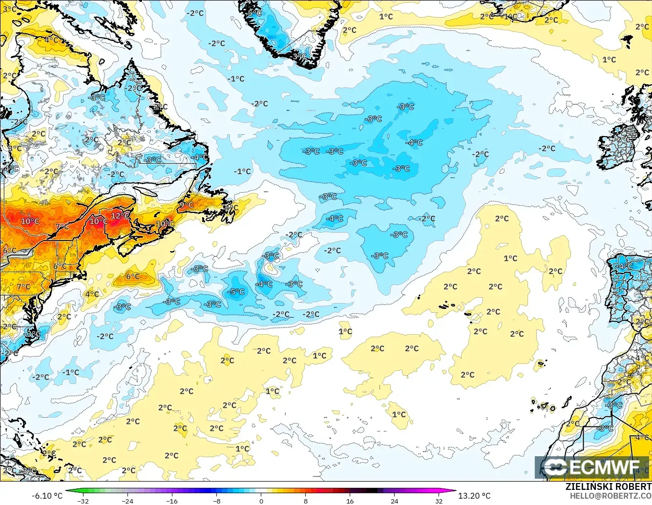 ECMWF IFS 0.25° modelo - Norte Atlántico, Anomalía de temperatura a 2 m