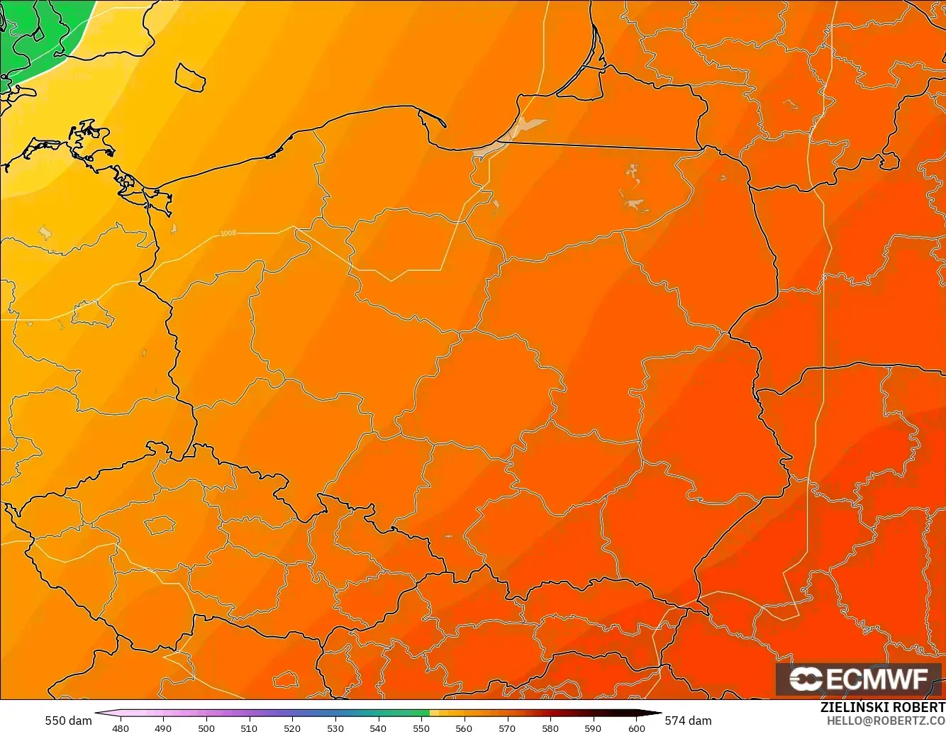 ECMWF IFS 0.25° modelo - Polonia, Altura geopotencial a 500 hPa