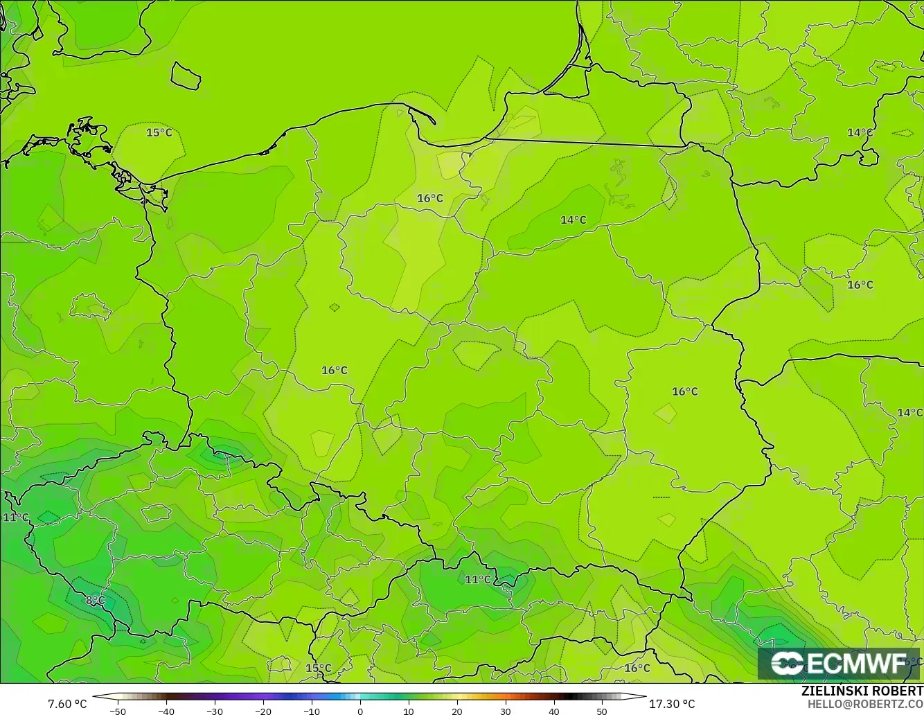 ECMWF IFS 0.25° modelo - Polonia, Temperatura a 2 m
