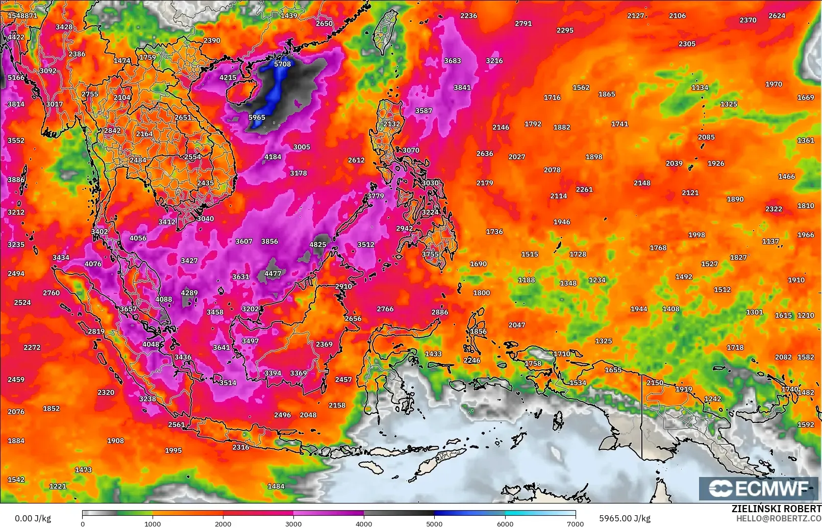 ECMWF IFS 0.25° modelo - Sudeste Asiático, CAPE
