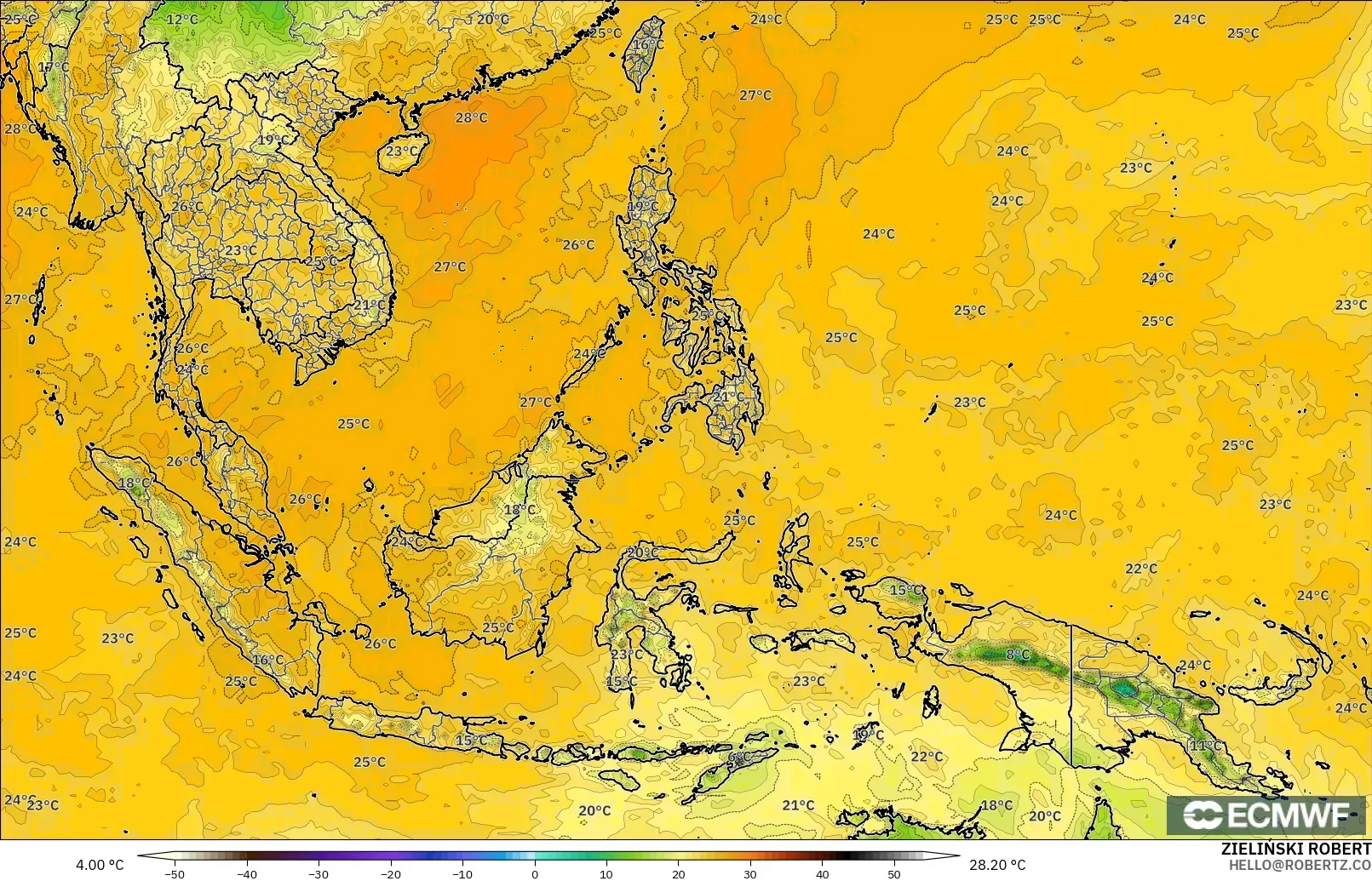 ECMWF IFS 0.25° modelo - Sudeste Asiático, Punto de rocío a 2 m