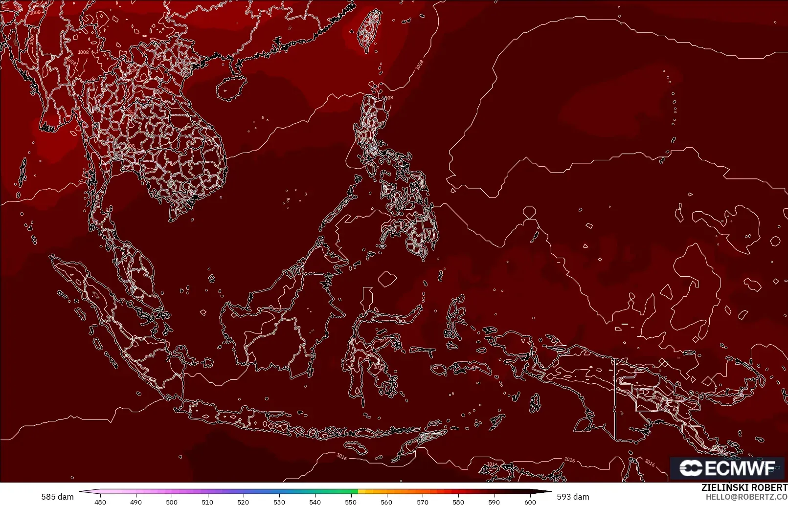 ECMWF IFS 0.25° modelo - Sudeste Asiático, Altura geopotencial a 500 hPa