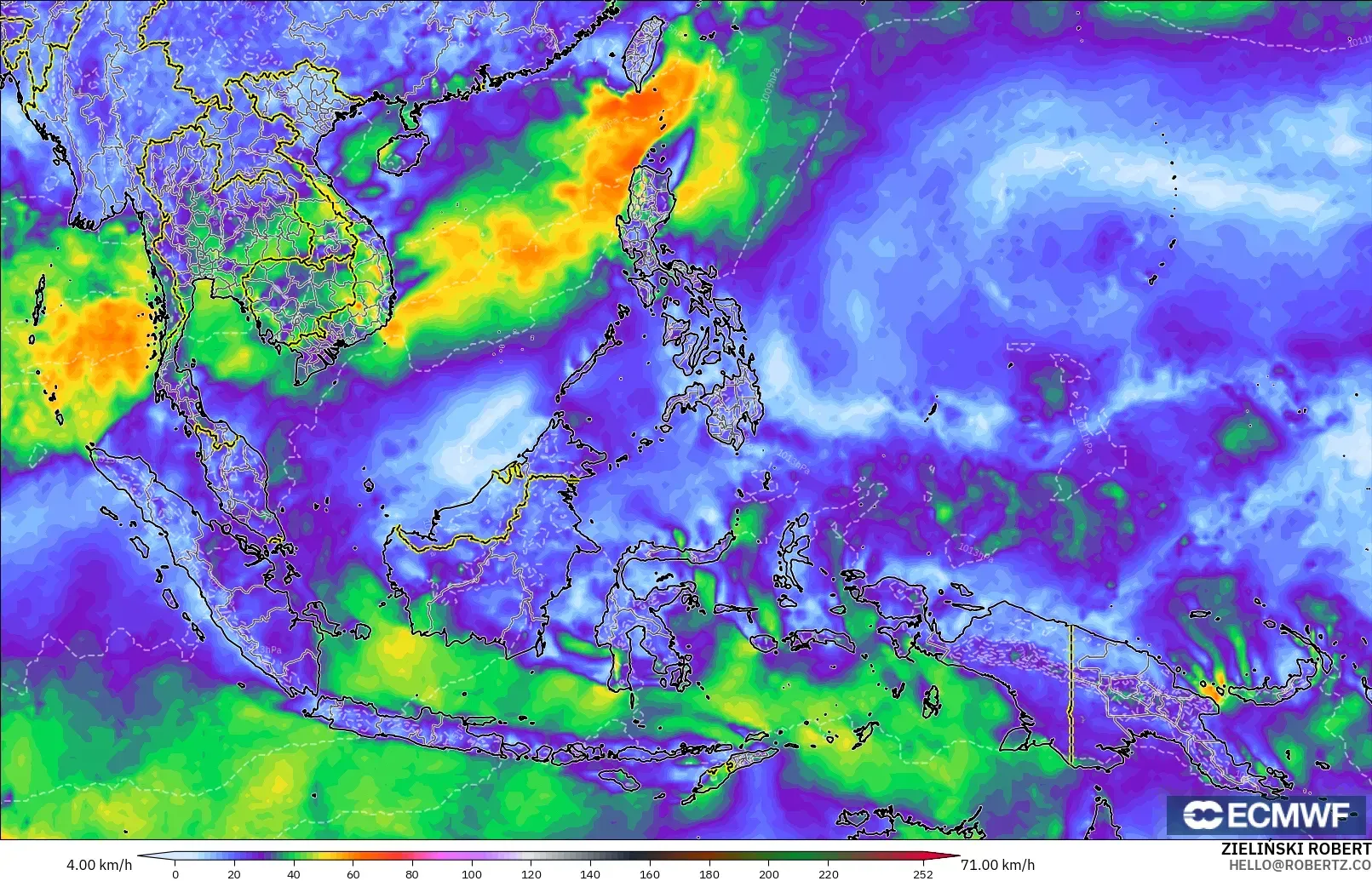 ECMWF IFS 0.25° modelo - Sudeste Asiático, Ráfagas de viento