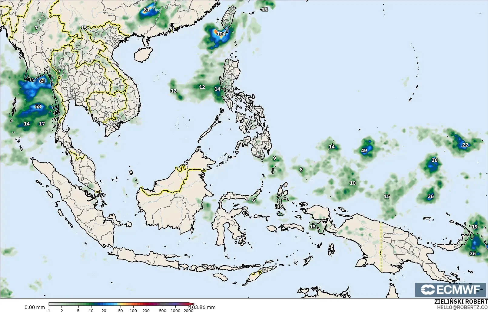 ECMWF IFS 0.25° modelo - Sudeste Asiático, Acumulación de precipitación