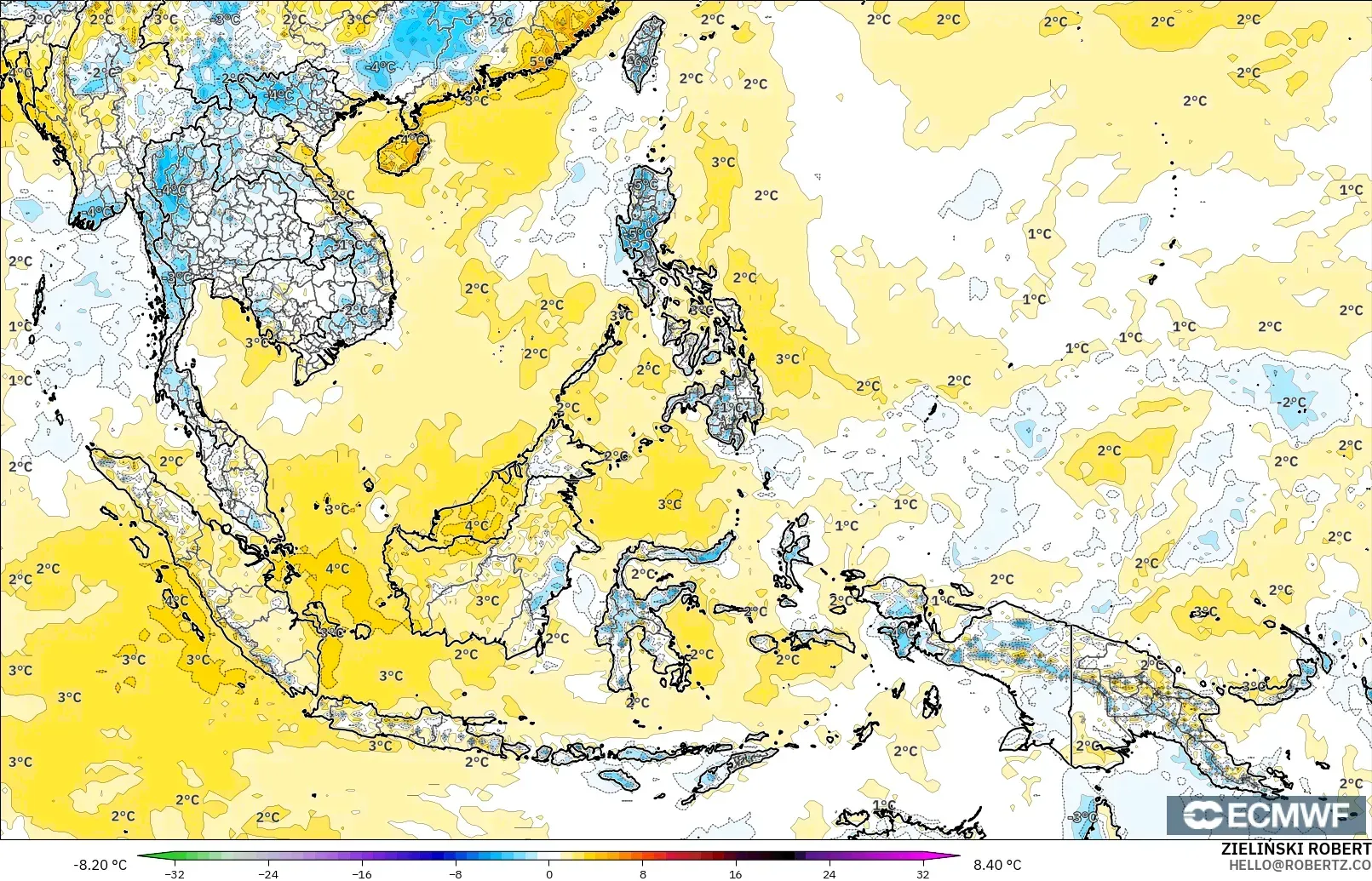 ECMWF IFS 0.25° modelo - Sudeste Asiático, Anomalía de temperatura a 2 m