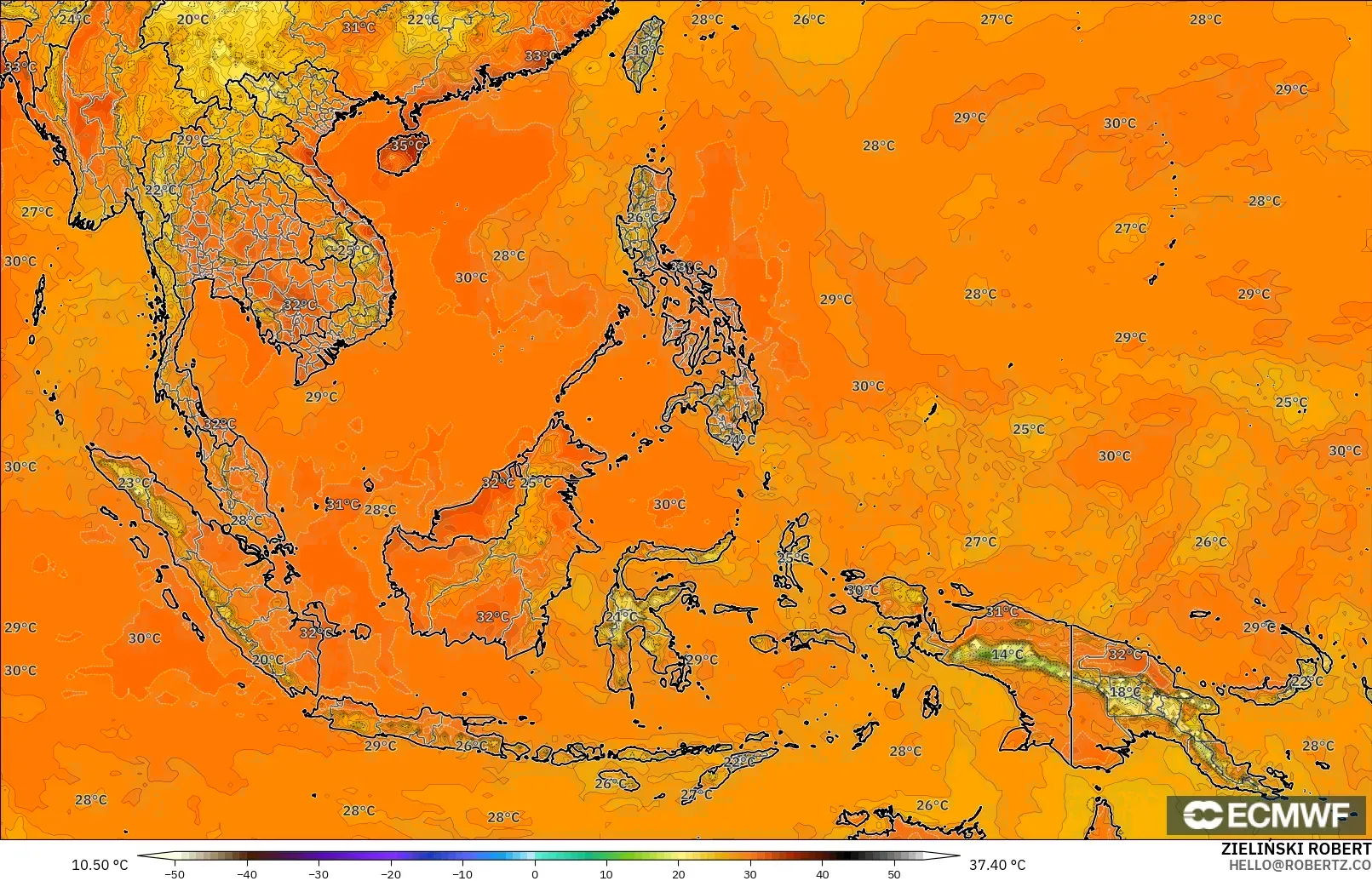 ECMWF IFS 0.25° modelo - Sudeste Asiático, Temperatura a 2 m