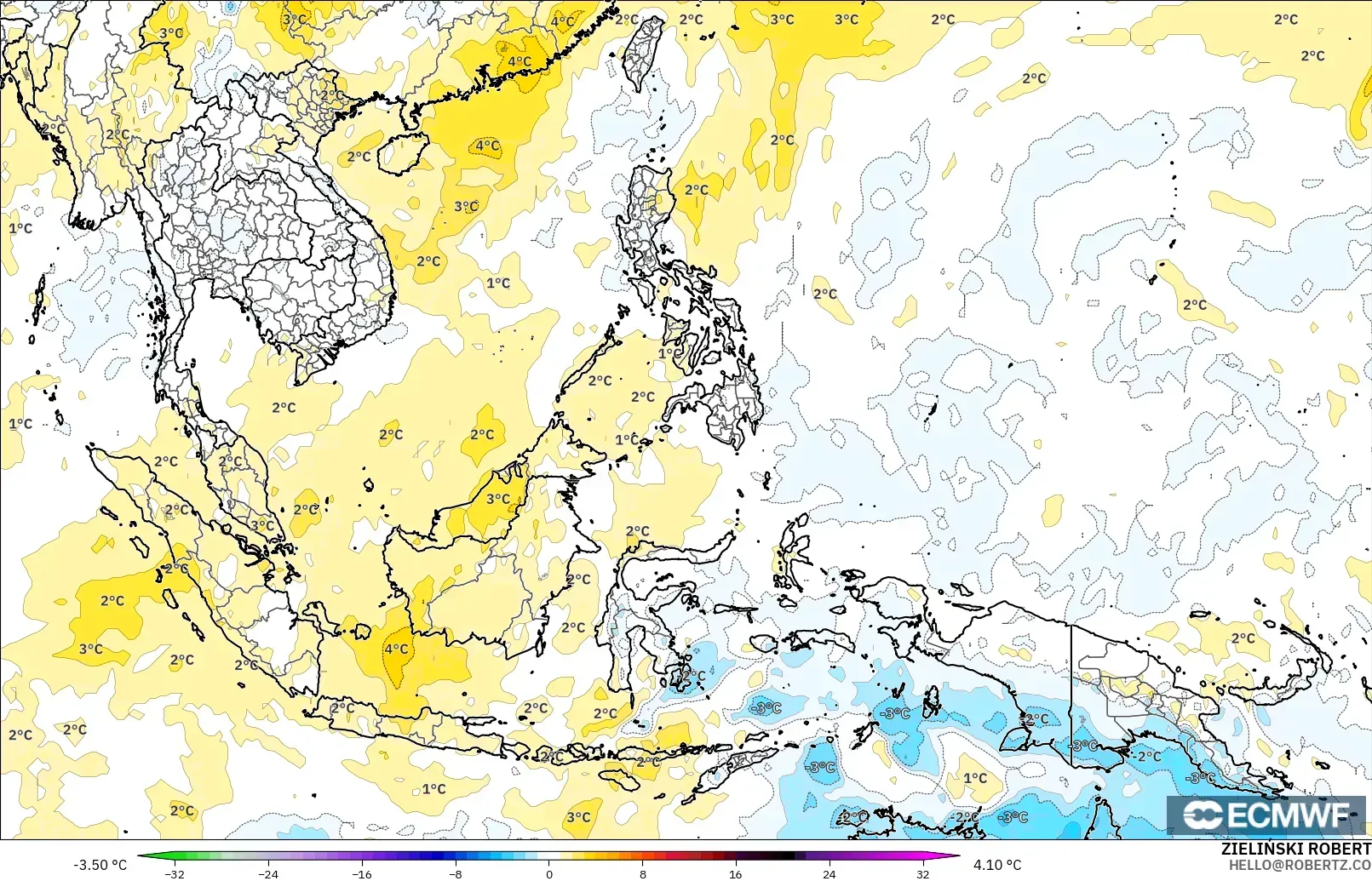 ECMWF IFS 0.25° modelo - Sudeste Asiático, Anomalía de temperatura a 850 hPa