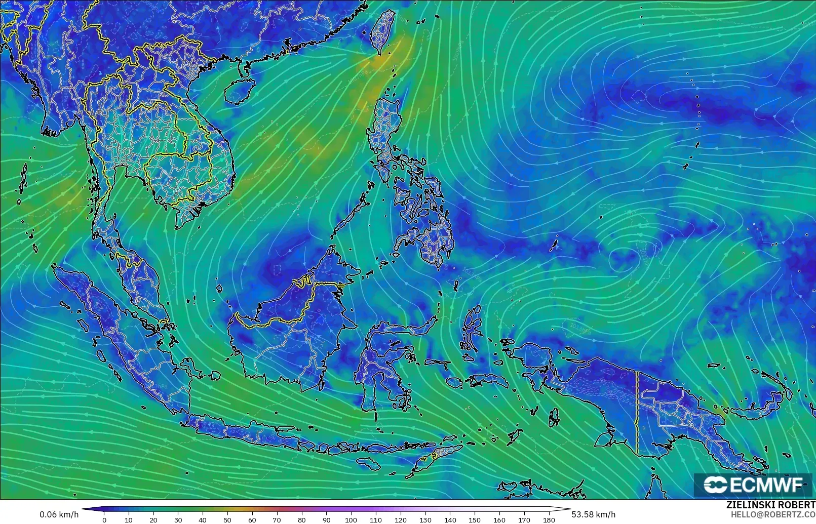 ECMWF IFS 0.25° modelo - Sudeste Asiático, Viento a 10 m