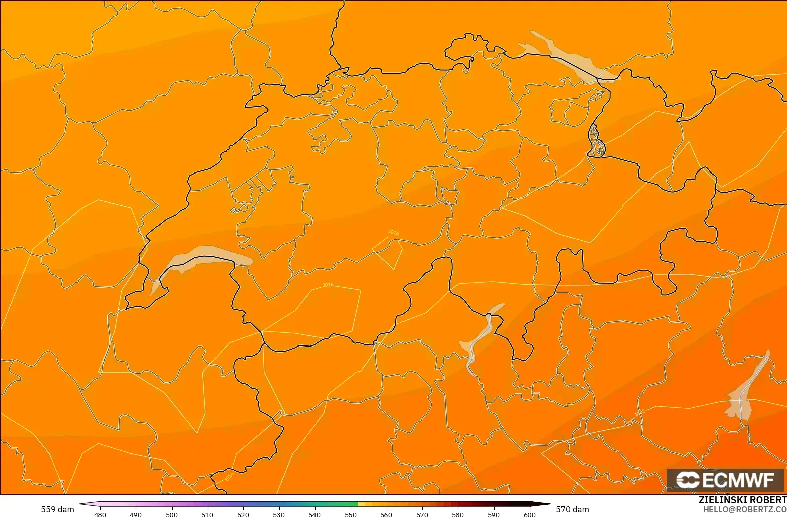 ECMWF IFS 0.25° modelo - Suiza, Altura geopotencial a 500 hPa