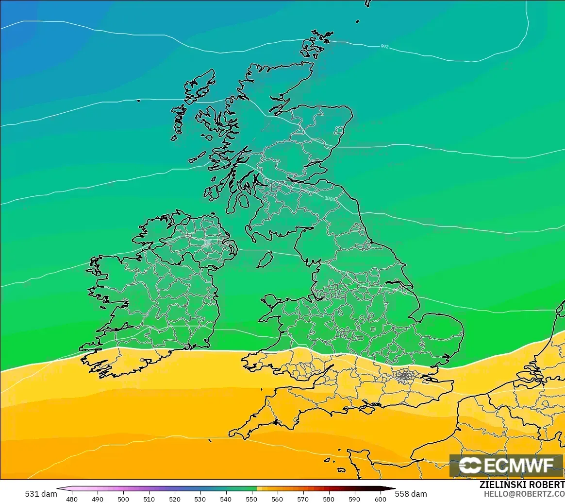 ECMWF IFS 0.25° modelo - Reino Unido, Altura geopotencial a 500 hPa