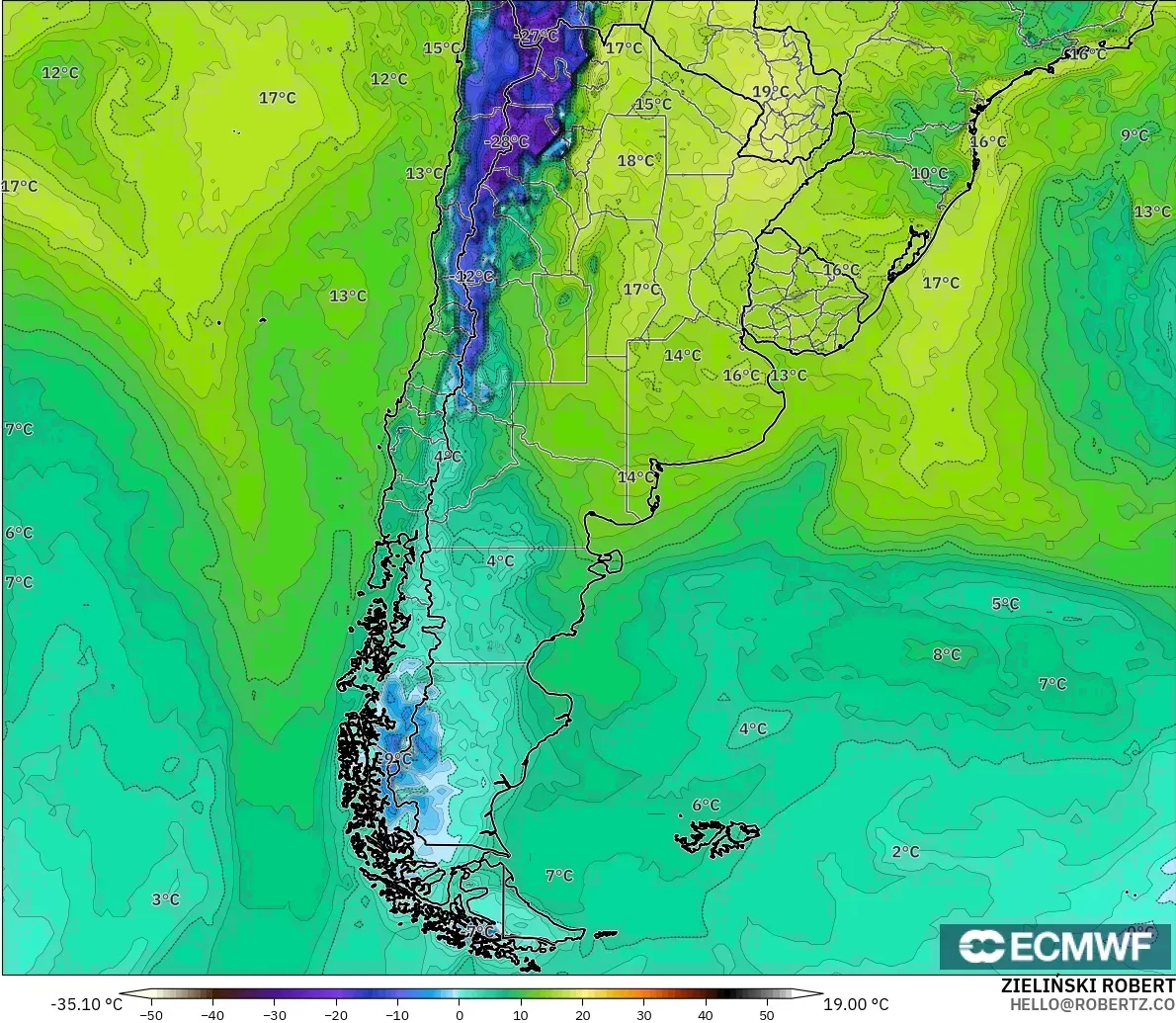 ECMWF IFS 0.25° modelo - Argentina, Punto de rocío a 2 m