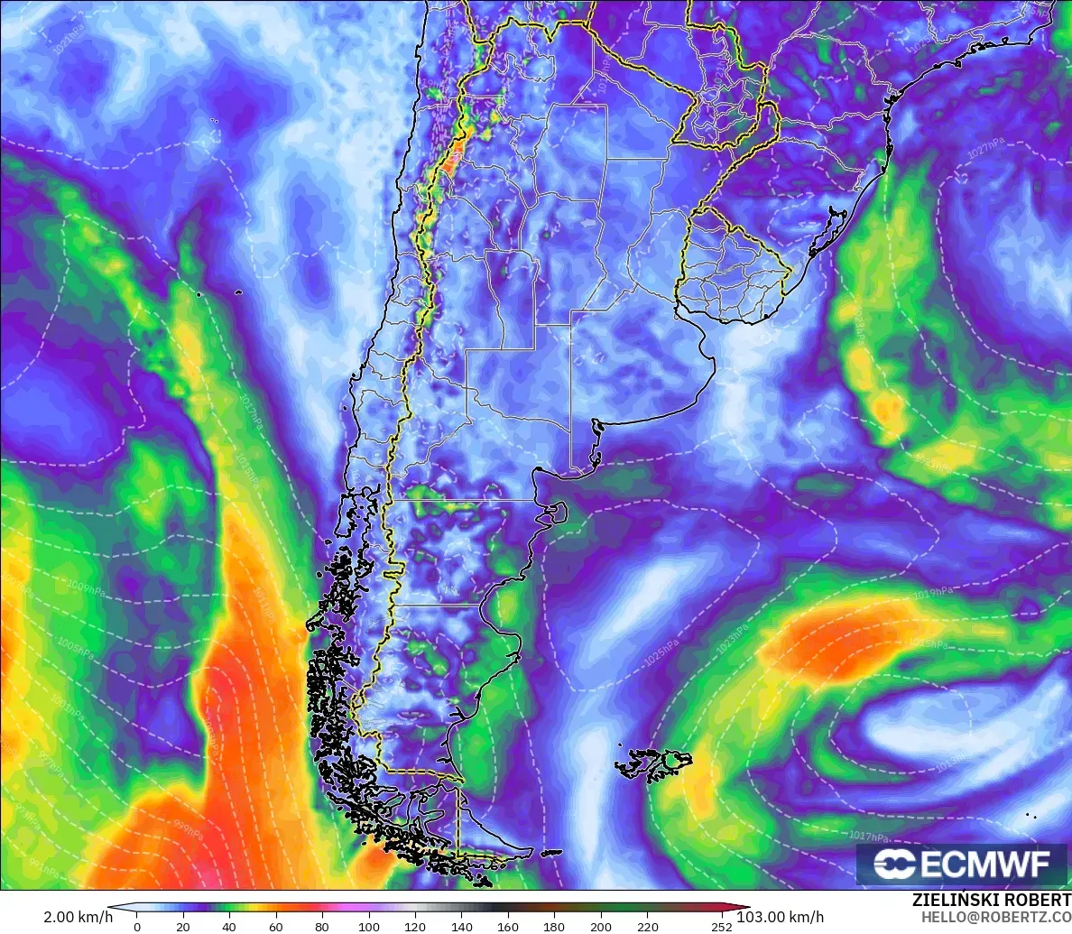 ECMWF IFS 0.25° modelo - Argentina, Ráfagas de Viento Máximas