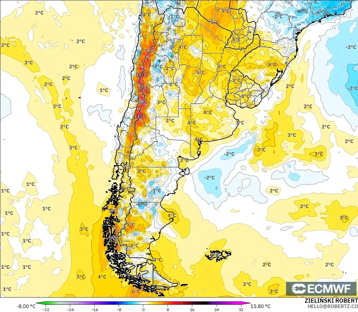 ECMWF IFS 0.25° modelo - Argentina, Anomalía de temperatura a 2 m