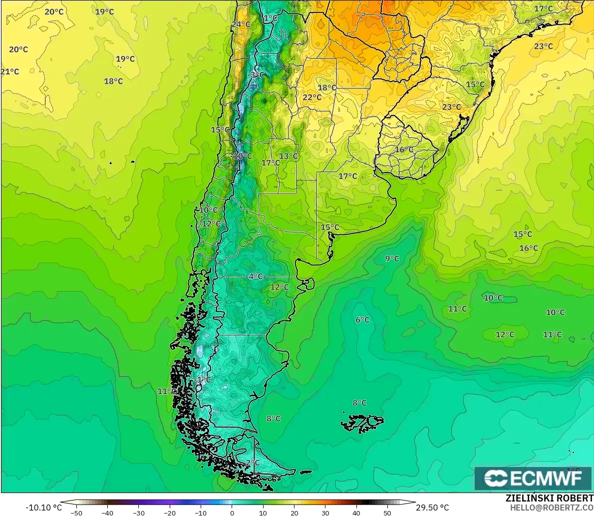 ECMWF IFS 0.25° modelo - Argentina, Temperatura a 2 m