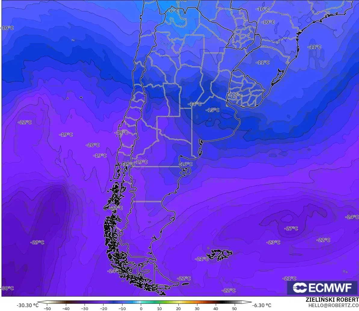 ECMWF IFS 0.25° modelo - Argentina, Temperatura a 500 hPa