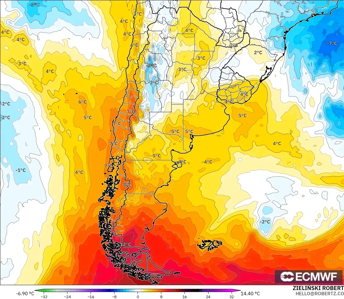 ECMWF IFS 0.25° modelo - Argentina, Anomalía de temperatura a 850 hPa