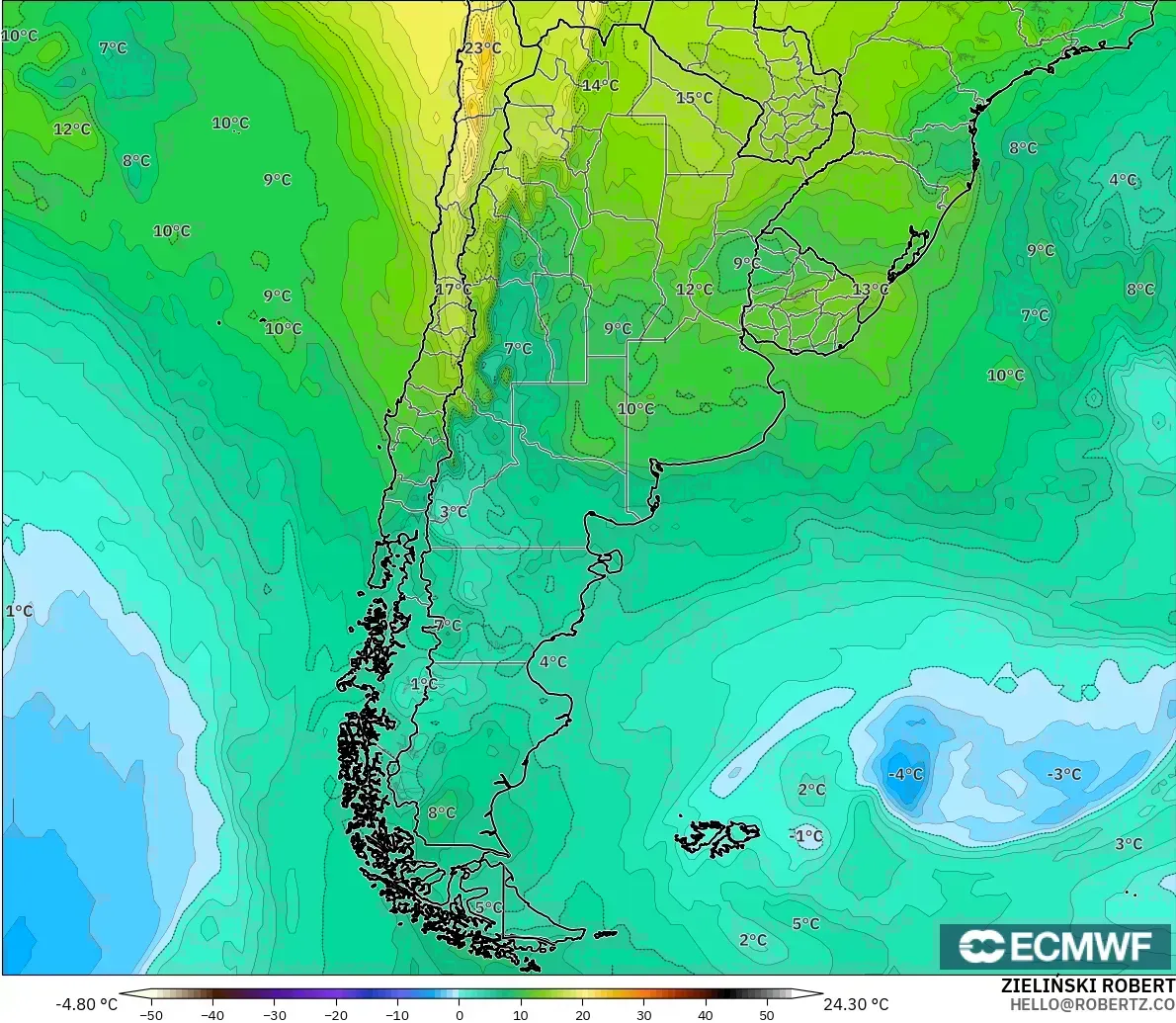 ECMWF IFS 0.25° modelo - Argentina, Temperatura a 850 hPa