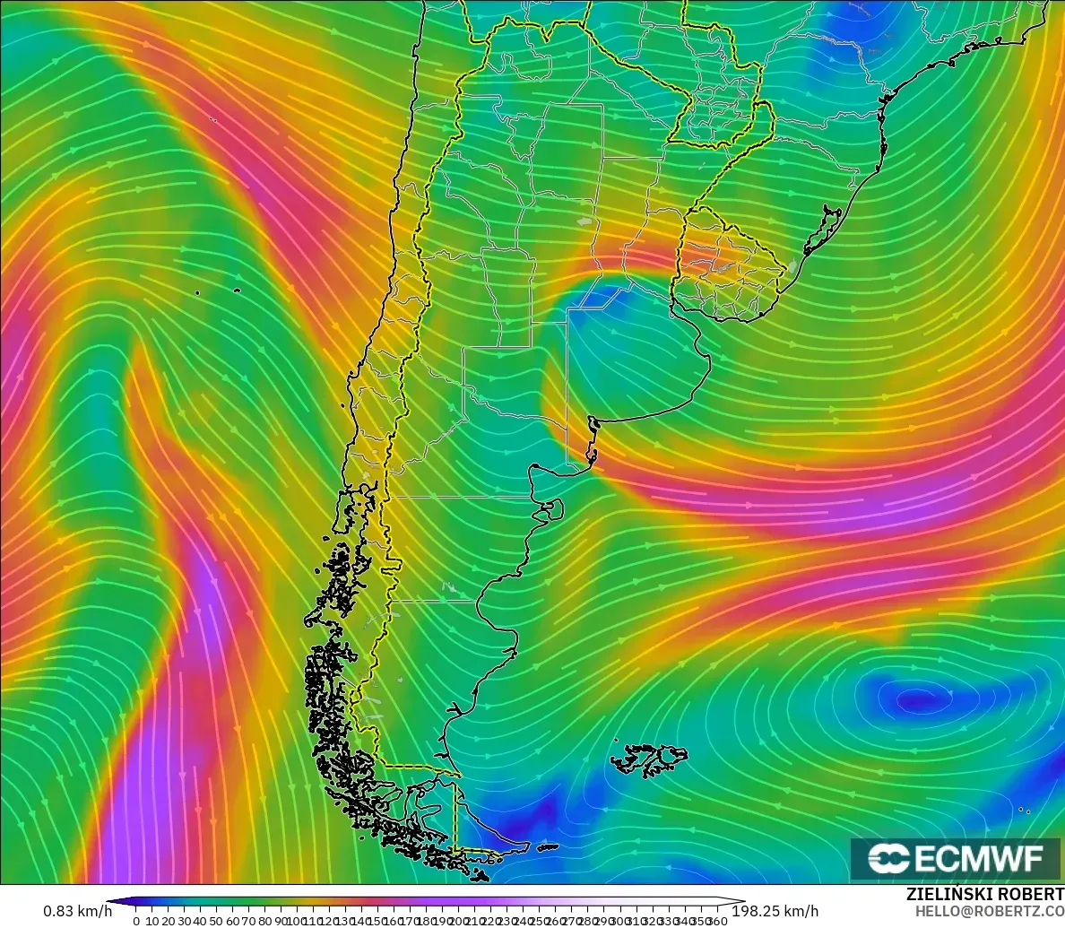 ECMWF IFS 0.25° modelo - Argentina, Viento a 300 hPa (corriente en chorro)