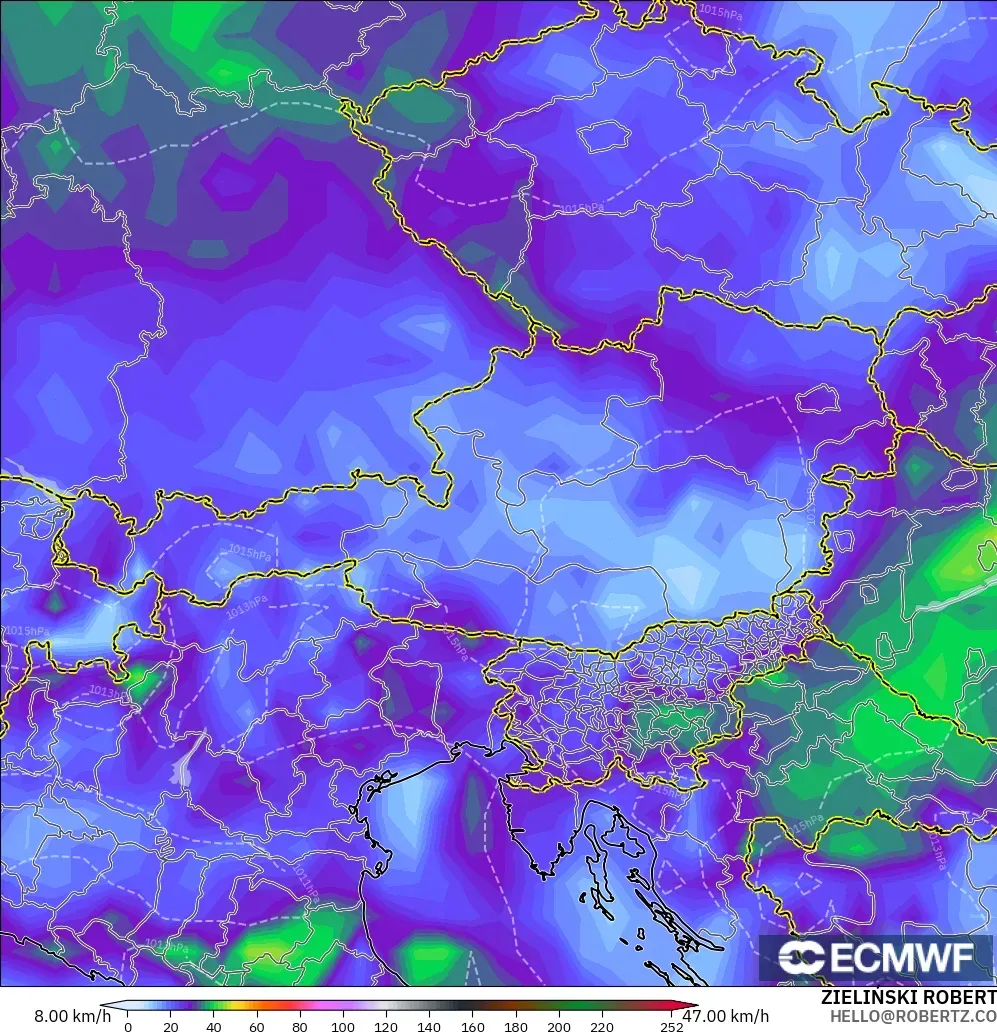 ECMWF IFS 0.25° modelo - Austria, Ráfagas de Viento Máximas