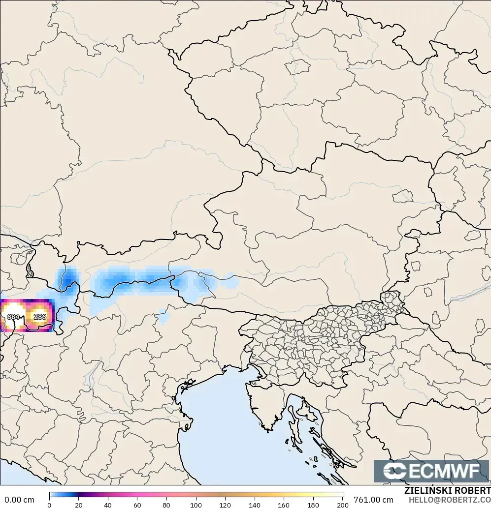 ECMWF IFS 0.25° modelo - Austria, Profundidad de nieve