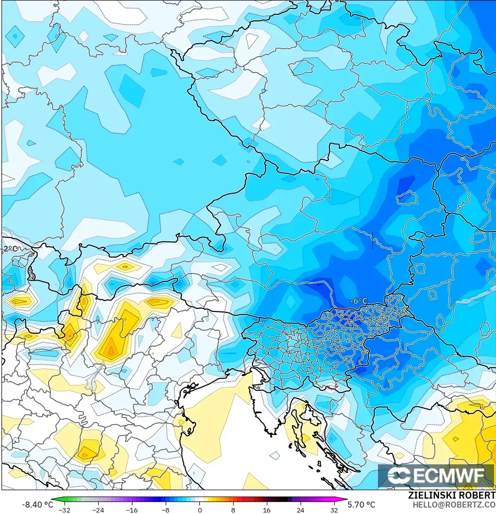 ECMWF IFS 0.25° modelo - Austria, Anomalía de temperatura a 2 m