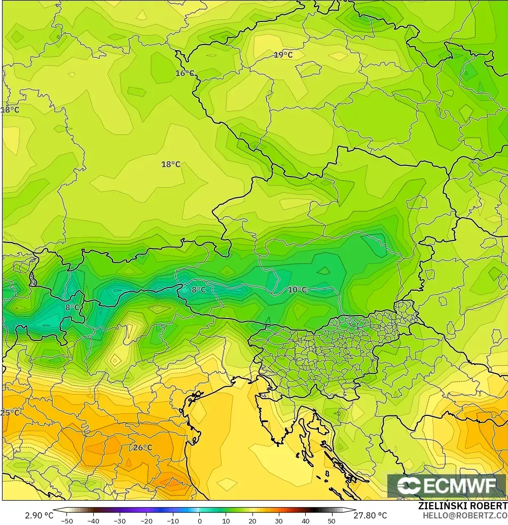 ECMWF IFS 0.25° modelo - Austria, Temperatura a 2 m