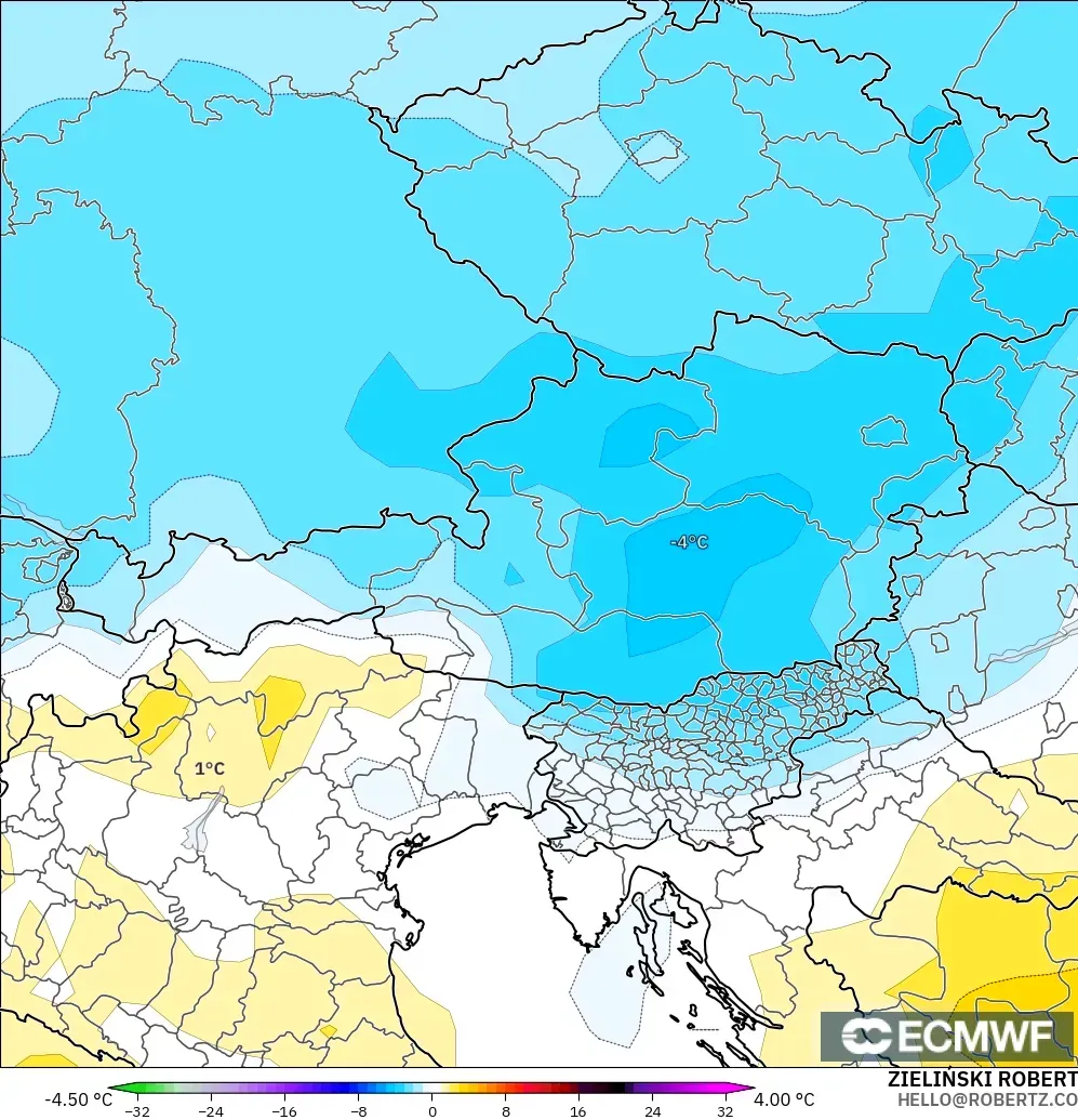 ECMWF IFS 0.25° modelo - Austria, Anomalía de temperatura a 850 hPa