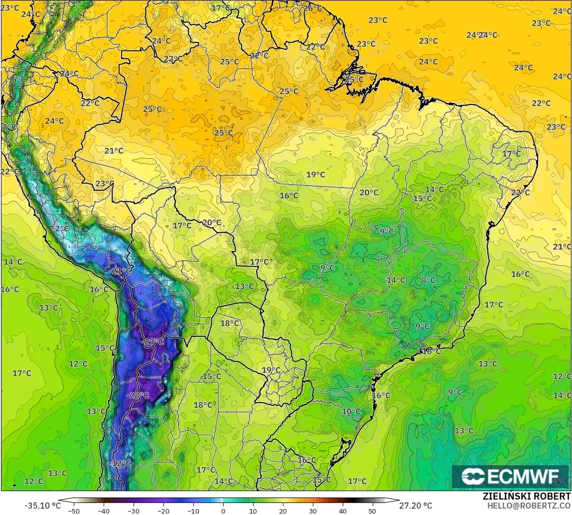 ECMWF IFS 0.25° modelo - Brasil, Punto de rocío a 2 m