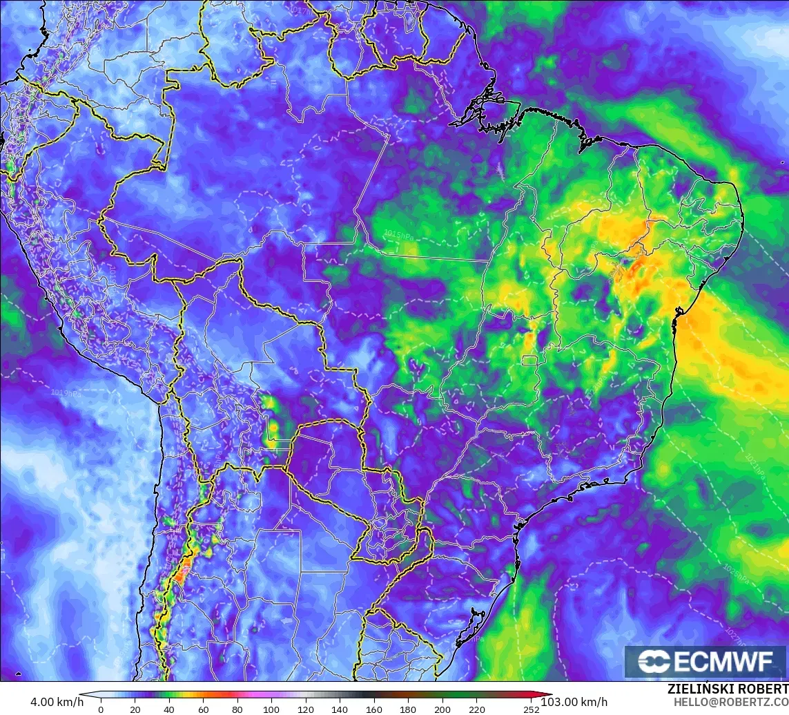 ECMWF IFS 0.25° modelo - Brasil, Ráfagas de Viento Máximas