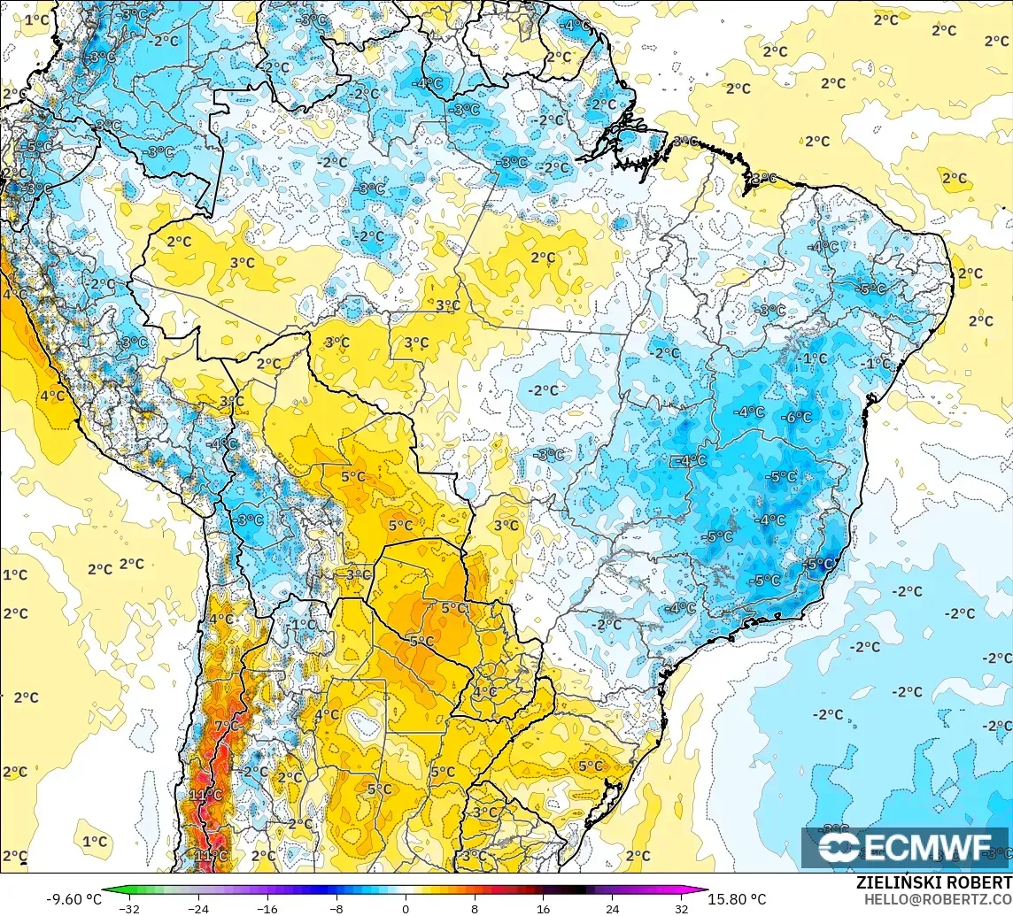 ECMWF IFS 0.25° modelo - Brasil, Anomalía de temperatura a 2 m