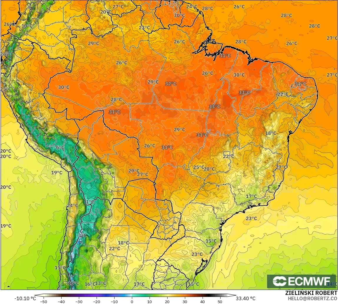 ECMWF IFS 0.25° modelo - Brasil, Temperatura a 2 m