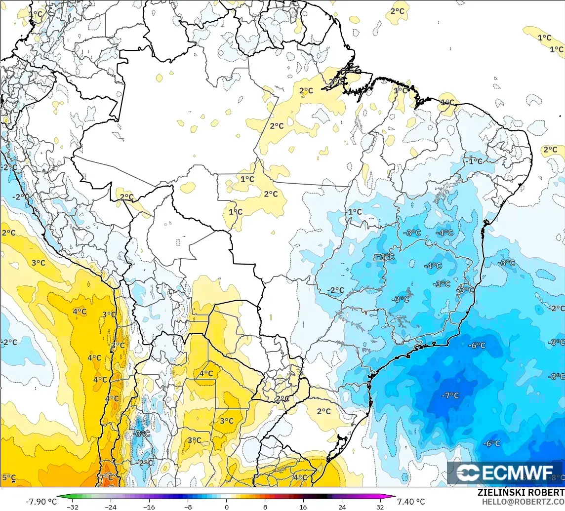 ECMWF IFS 0.25° modelo - Brasil, Anomalía de temperatura a 850 hPa