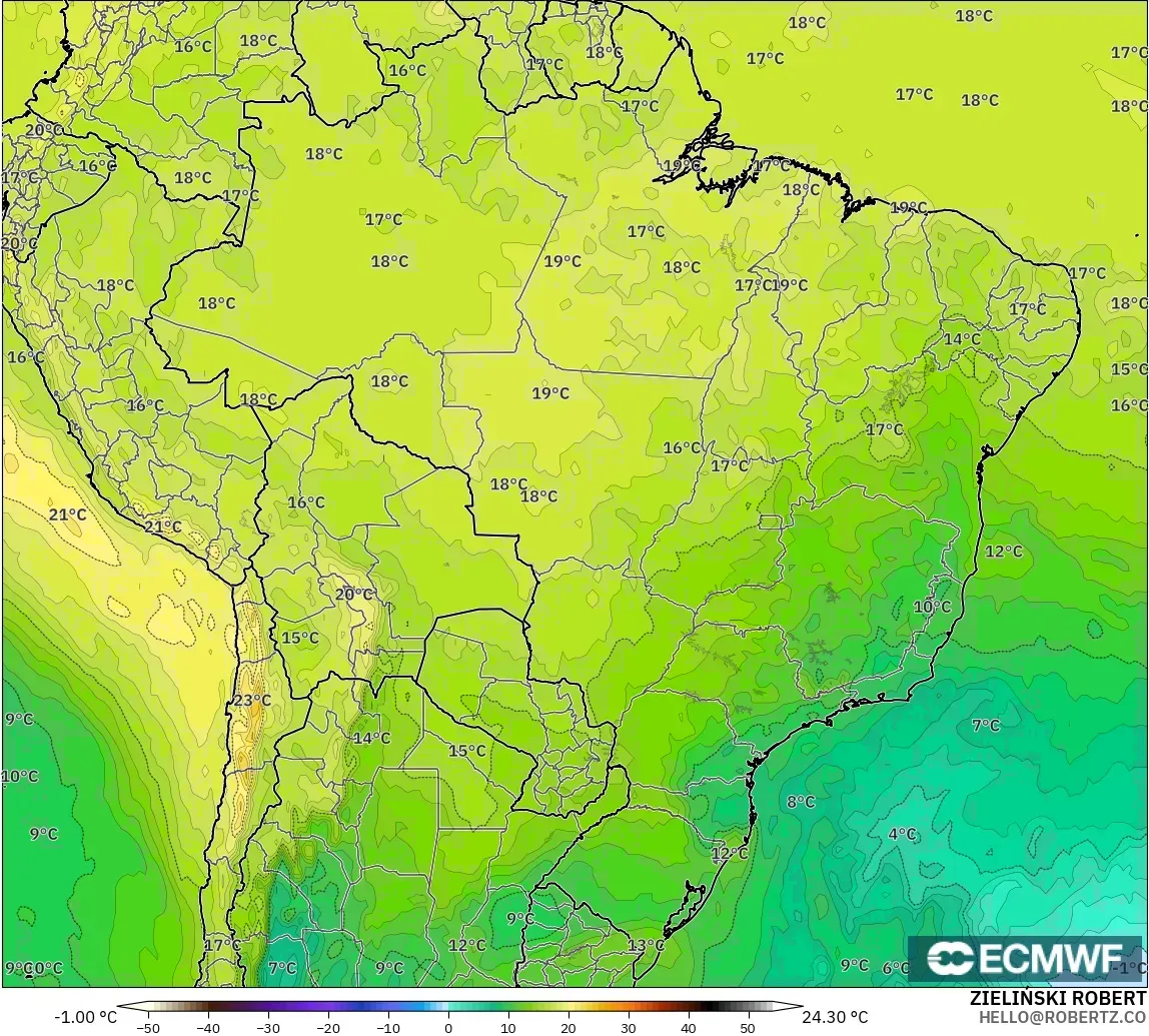 ECMWF IFS 0.25° modelo - Brasil, Temperatura a 850 hPa