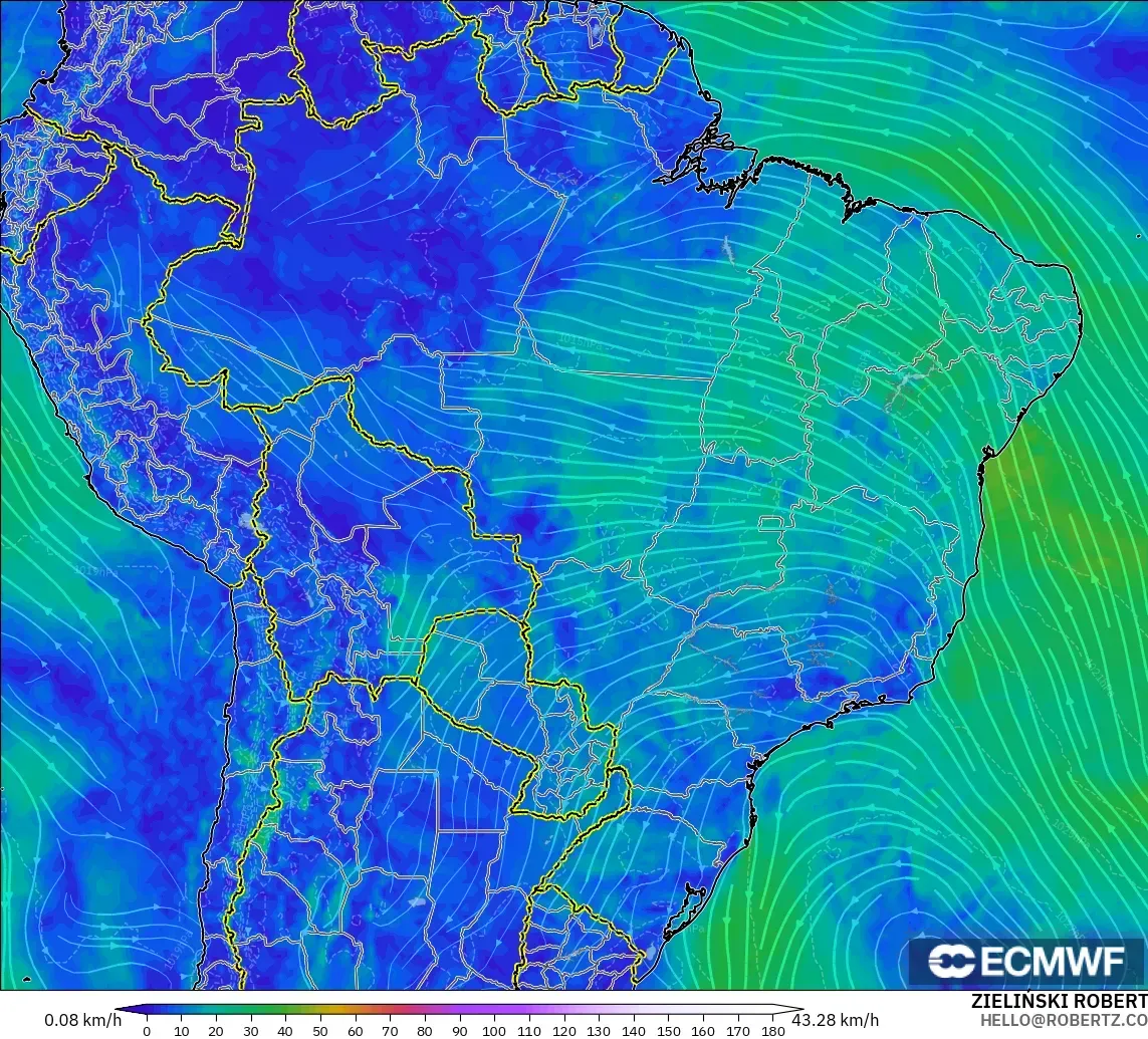 ECMWF IFS 0.25° modelo - Brasil, Viento a 10 m