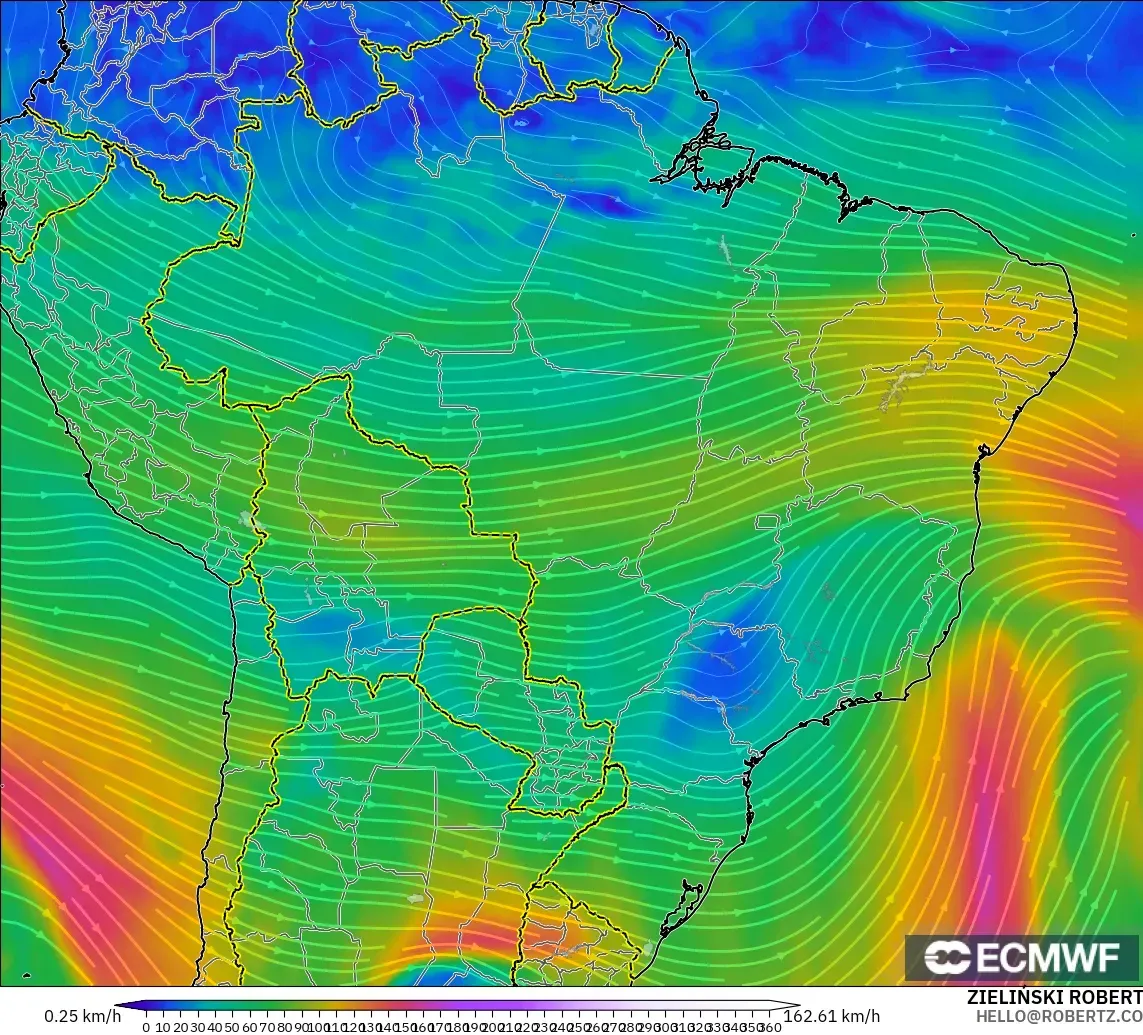 ECMWF IFS 0.25° modelo - Brasil, Viento a 300 hPa (corriente en chorro)